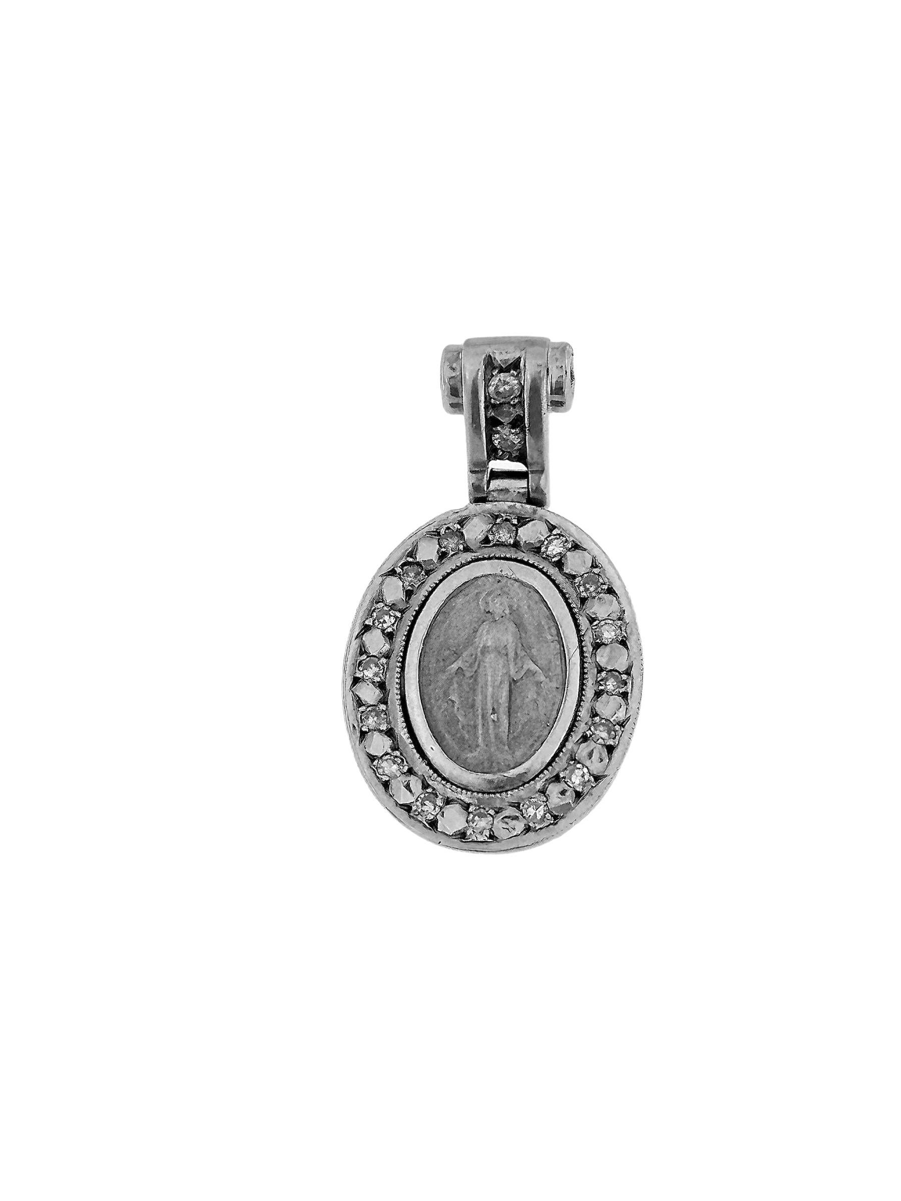 Artisan Our Lady of Graces Medal Pendant White Gold and Diamonds For Sale