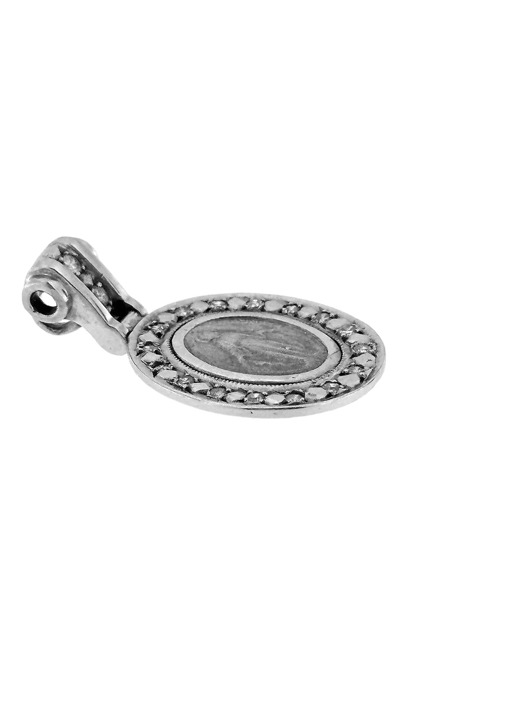 Artisan Our Lady of Graces Medal Pendant White Gold and Diamonds For Sale