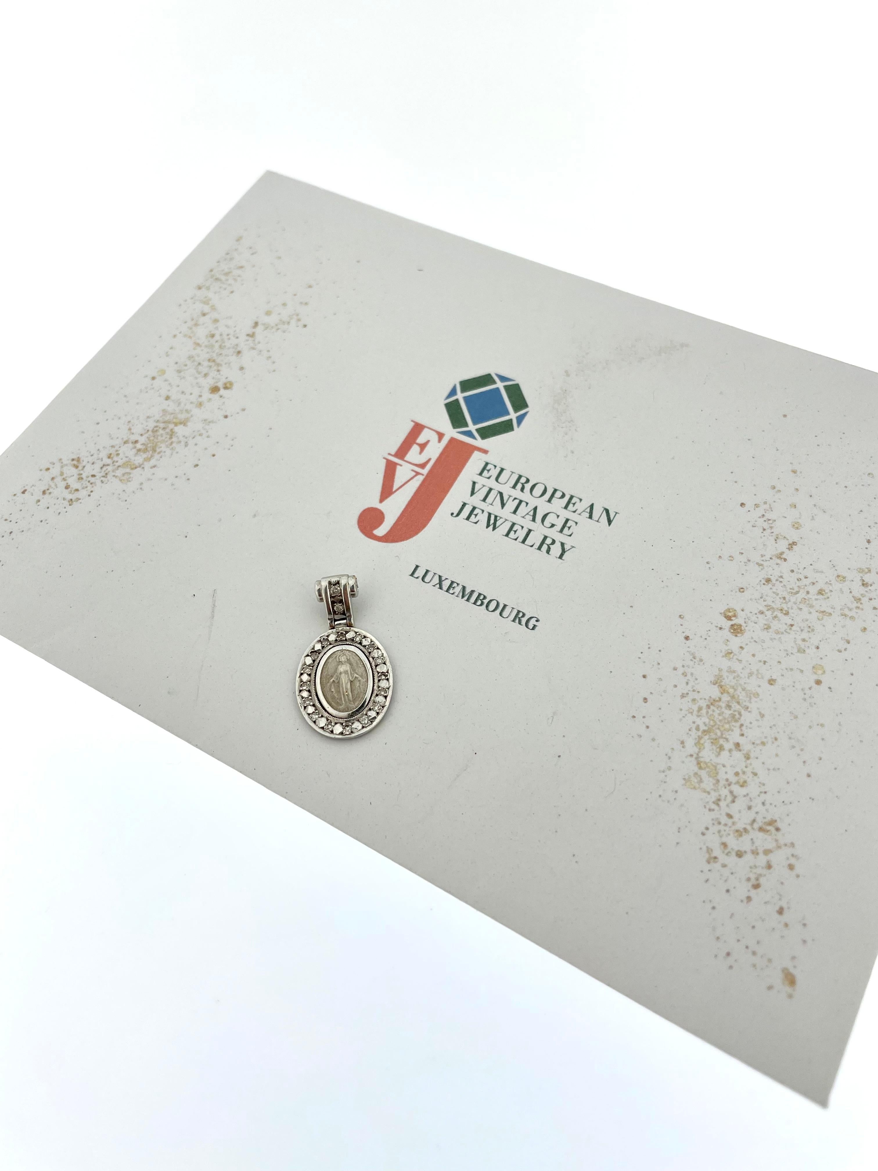Women's or Men's Our Lady of Graces Medal Pendant White Gold and Diamonds For Sale
