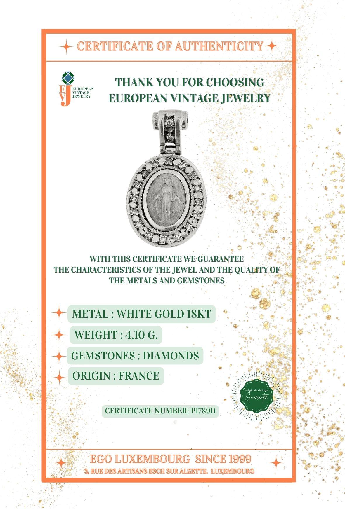 Our Lady of Graces Medal Pendant White Gold and Diamonds For Sale 1