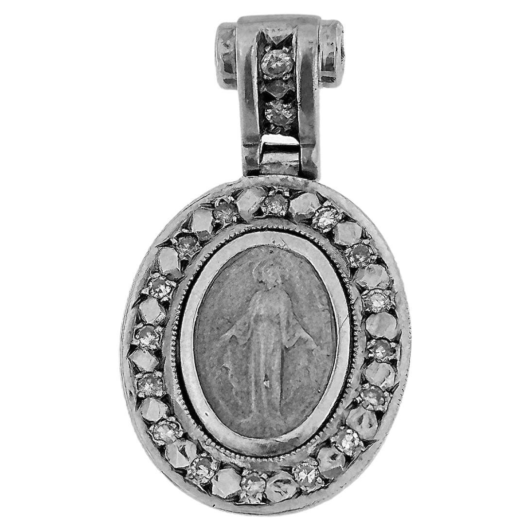 Our Lady of Graces Medal Pendant White Gold and Diamonds For Sale