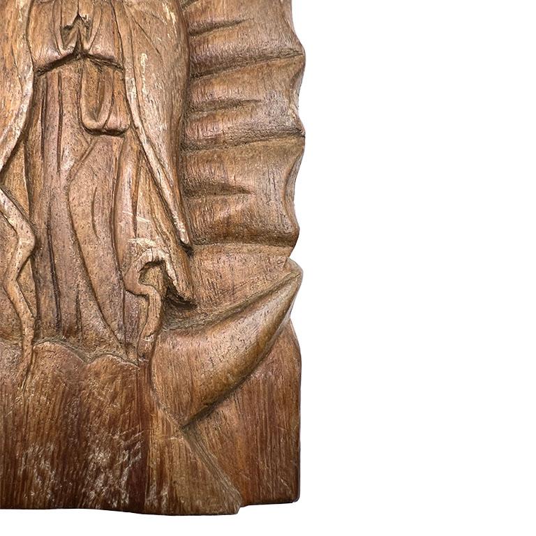 Folk Art Our Lady of Guadalupe Carved Wood Hanging Wall Sculpture or Plaque For Sale