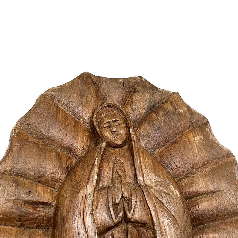 20th Century Our Lady of Guadalupe Carved Wood Hanging Wall Sculpture or Plaque For Sale
