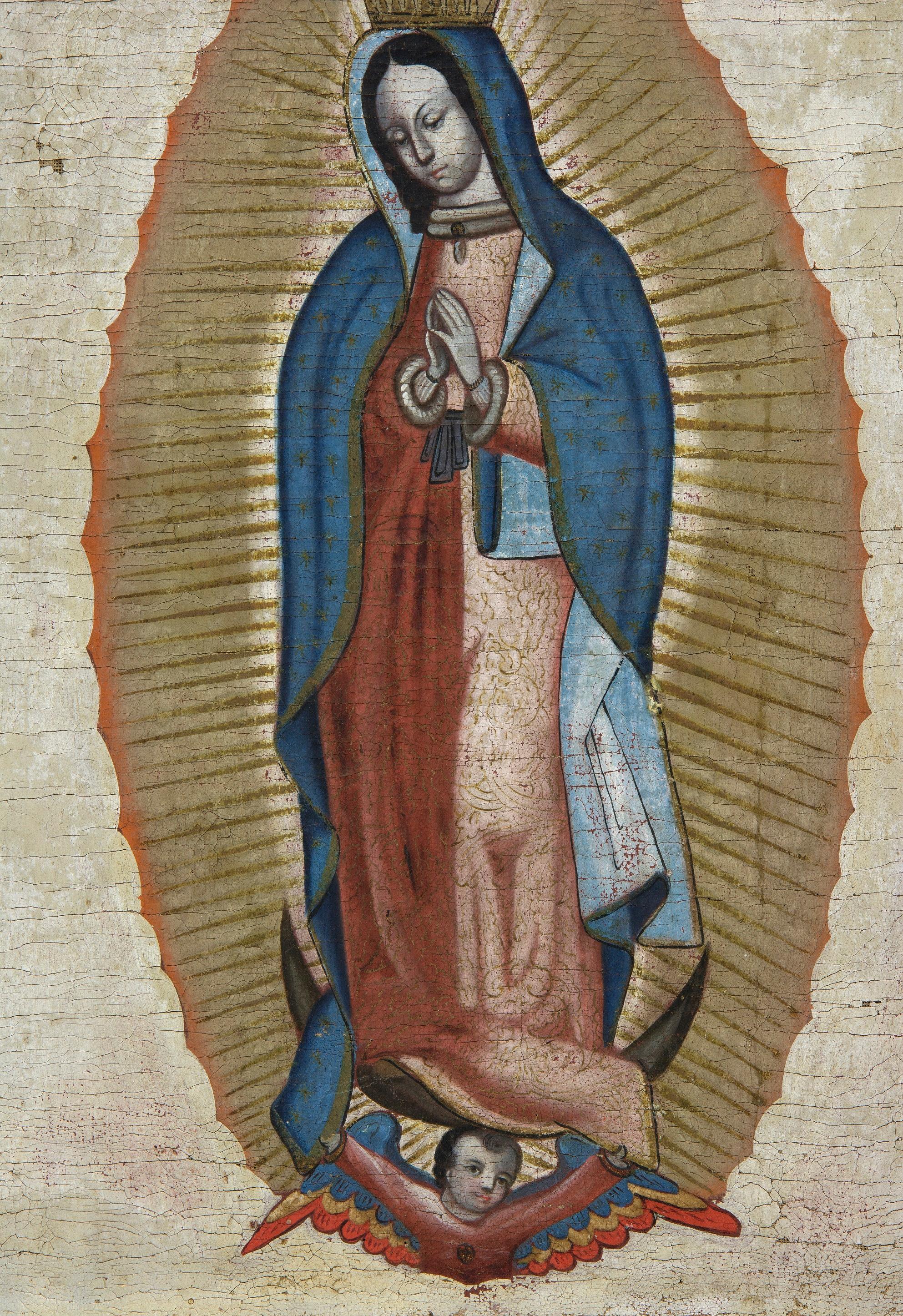 Guadalupe's Virgin. Oil on canvas. Century XVIII. 
 Painting on canvas that shows Our Lady of Guadalupe as seen in the ayate that Juan Diego Cuauhtlatoatzin brought to the Palace of the Bishopric of Mexico and presented to Bishop Juan de Zumárraga,