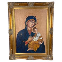 Our Lady of Perpetual Help - Peinture à l'huile sur toile de sac, années 1980, 89 x 68