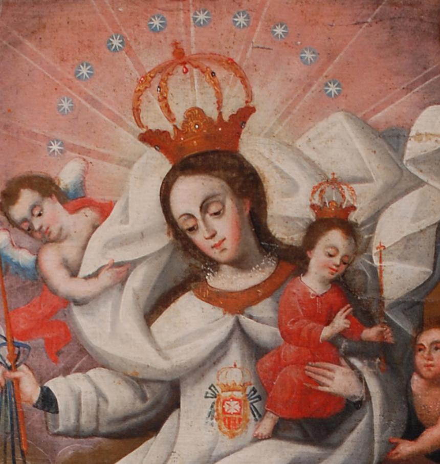 Dieses schöne Gemälde feiert das Fest Unserer Lieben Frau vom Berg Karmel, das an die Erscheinung der Heiligen Jungfrau Maria vor dem Heiligen Simon Stock am 16. Juli 1251 erinnert.  Während der Vision offenbarte die Heilige Jungfrau dem Heiligen