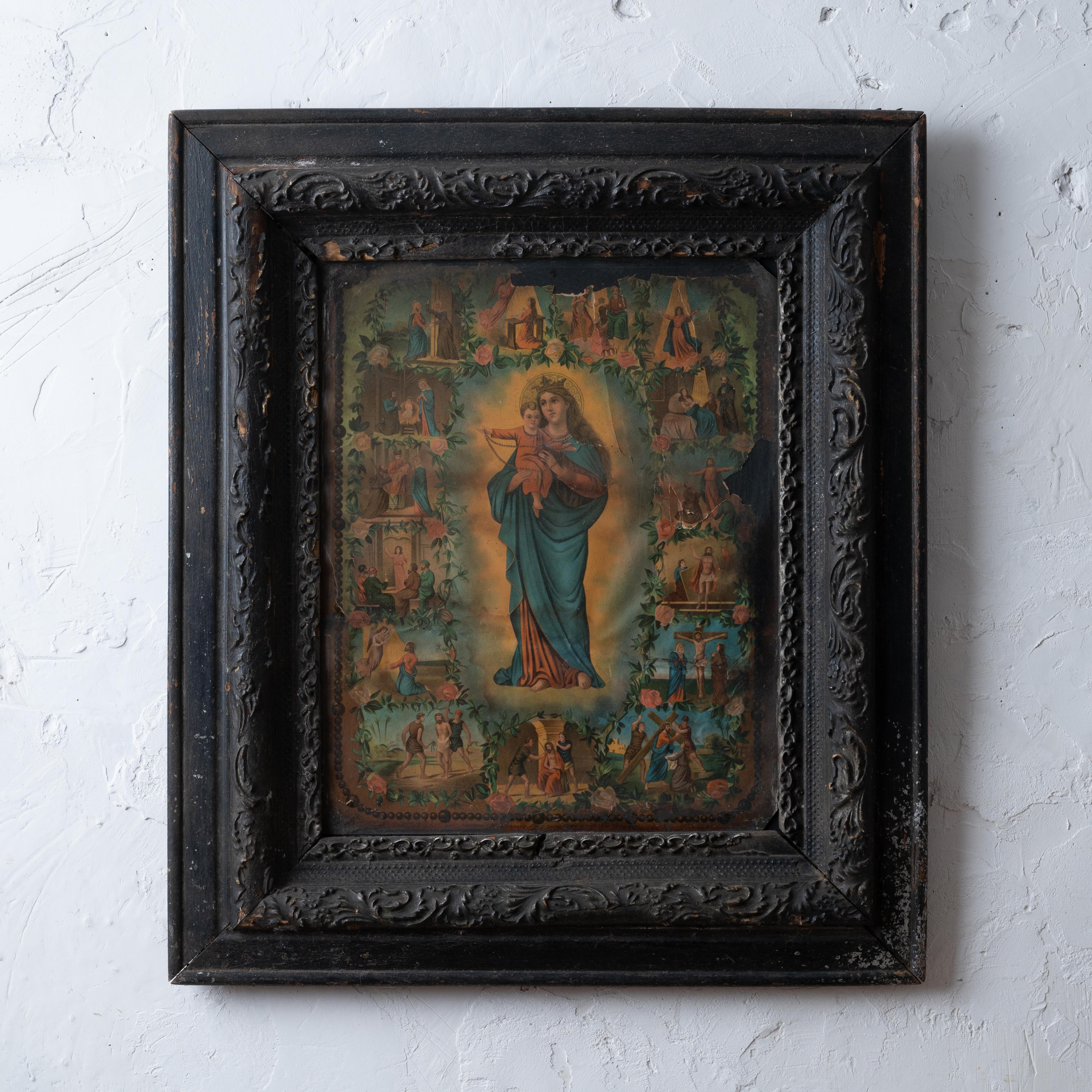 An Our Lady Of Rosary lithograph, Germany, circa 1890s.
A heavily distressed piece in period frame showing a history of devotion.  

sight: 15 ¾ by 19 ¾ inches
frame: 26 by 30 inches