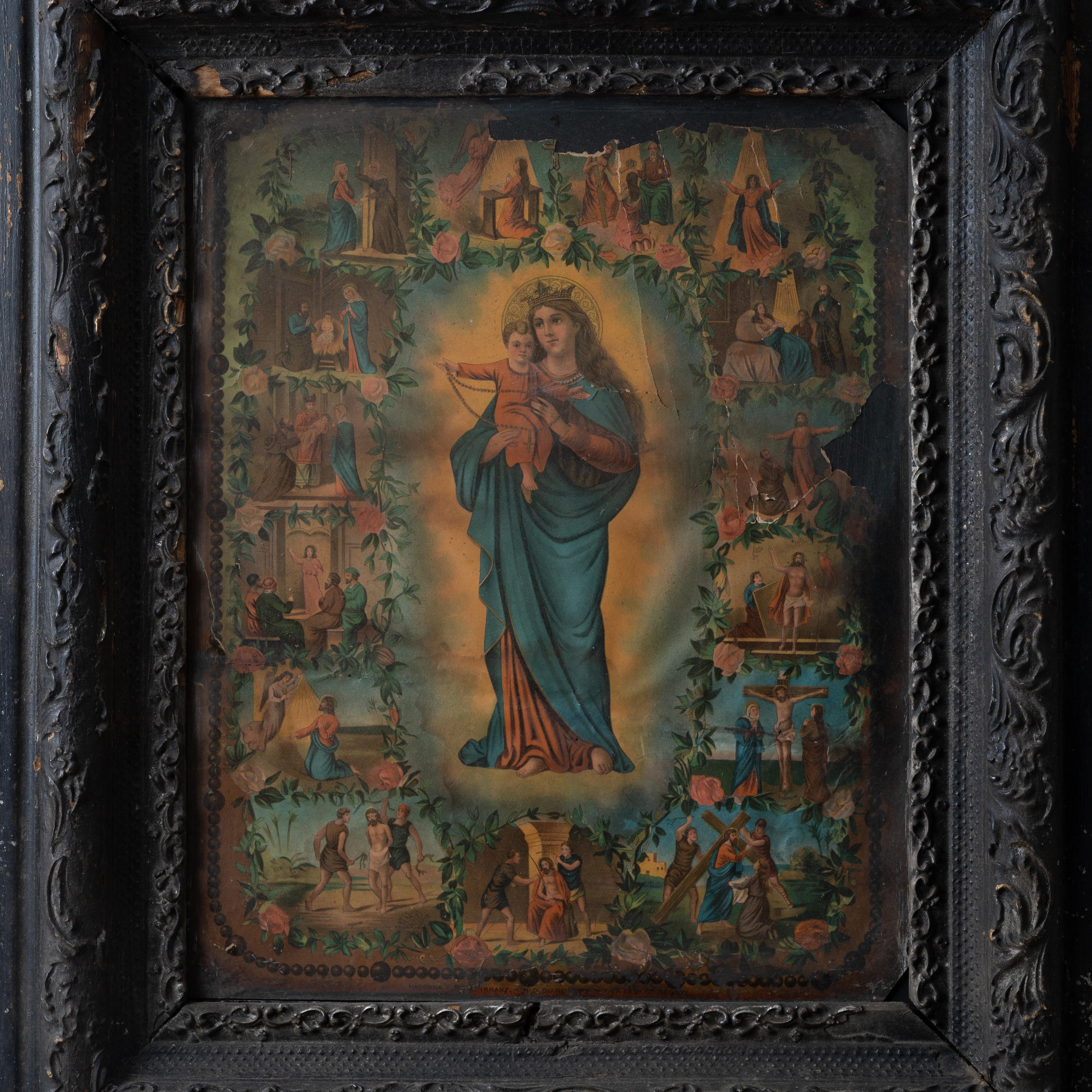 Our Lady Of Rosary Madonna, German Lithograph In Fair Condition For Sale In Savannah, GA