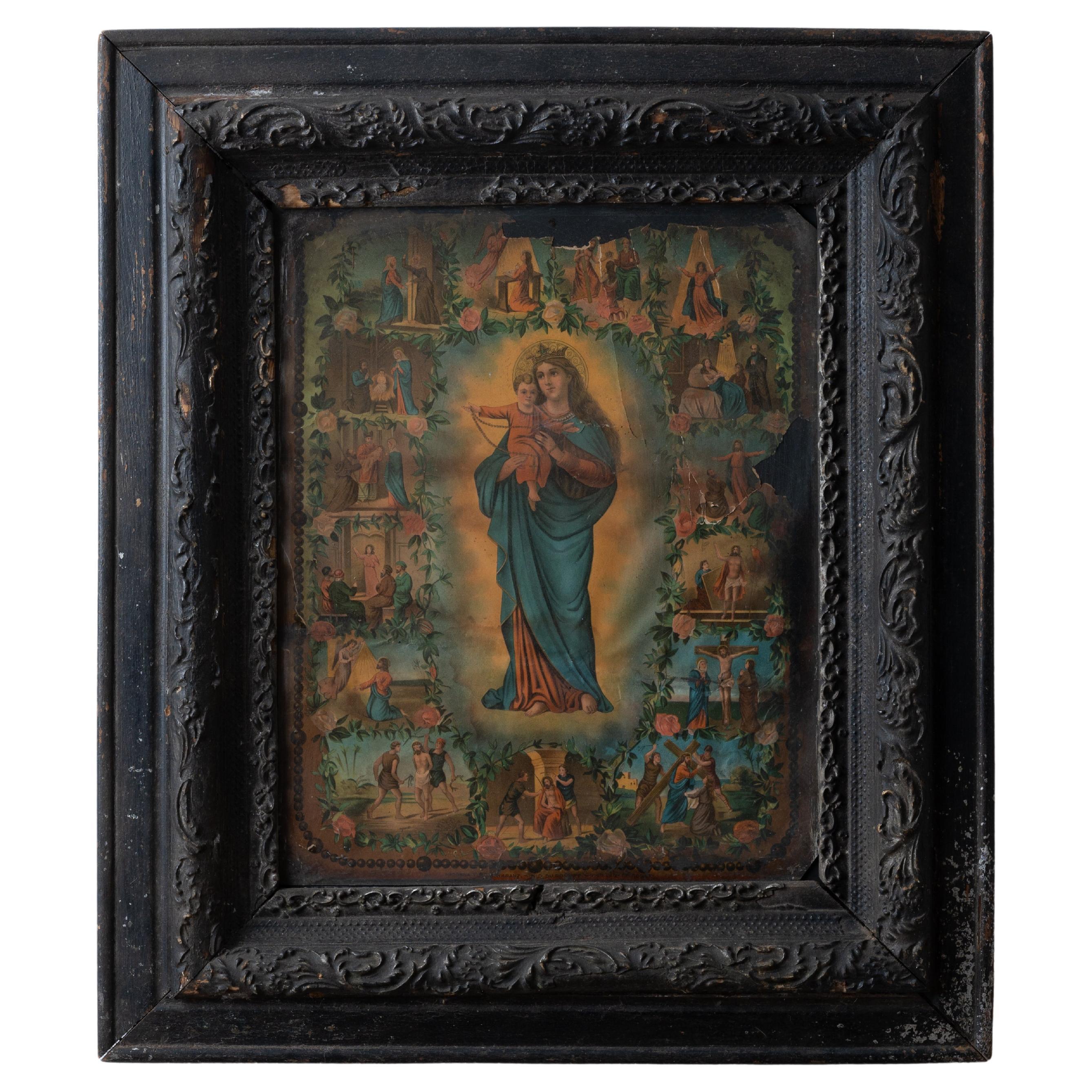 Our Lady Of Rosary Madonna, German Lithograph For Sale