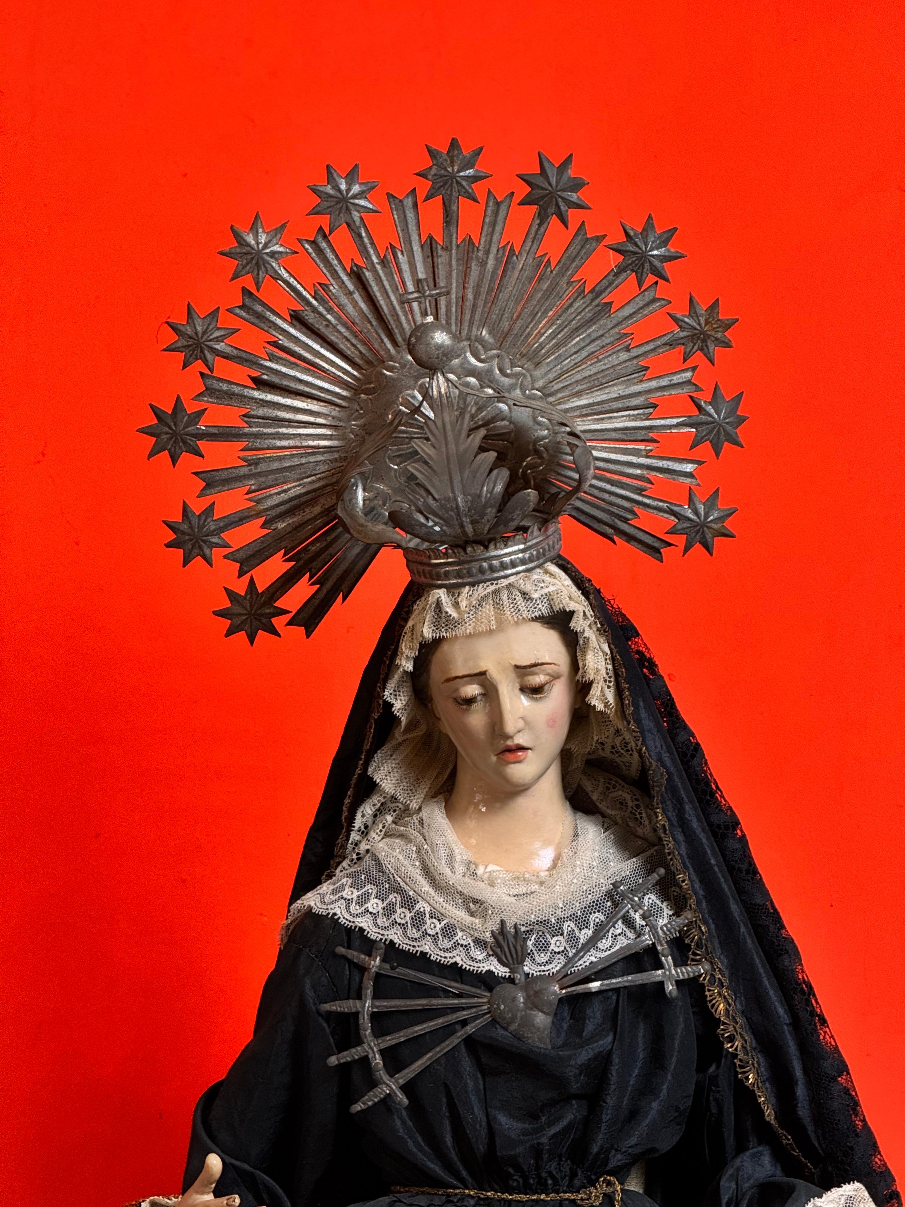 Barocco Our Lady of Sorrows, dressed in robes, 19th century. in vendita