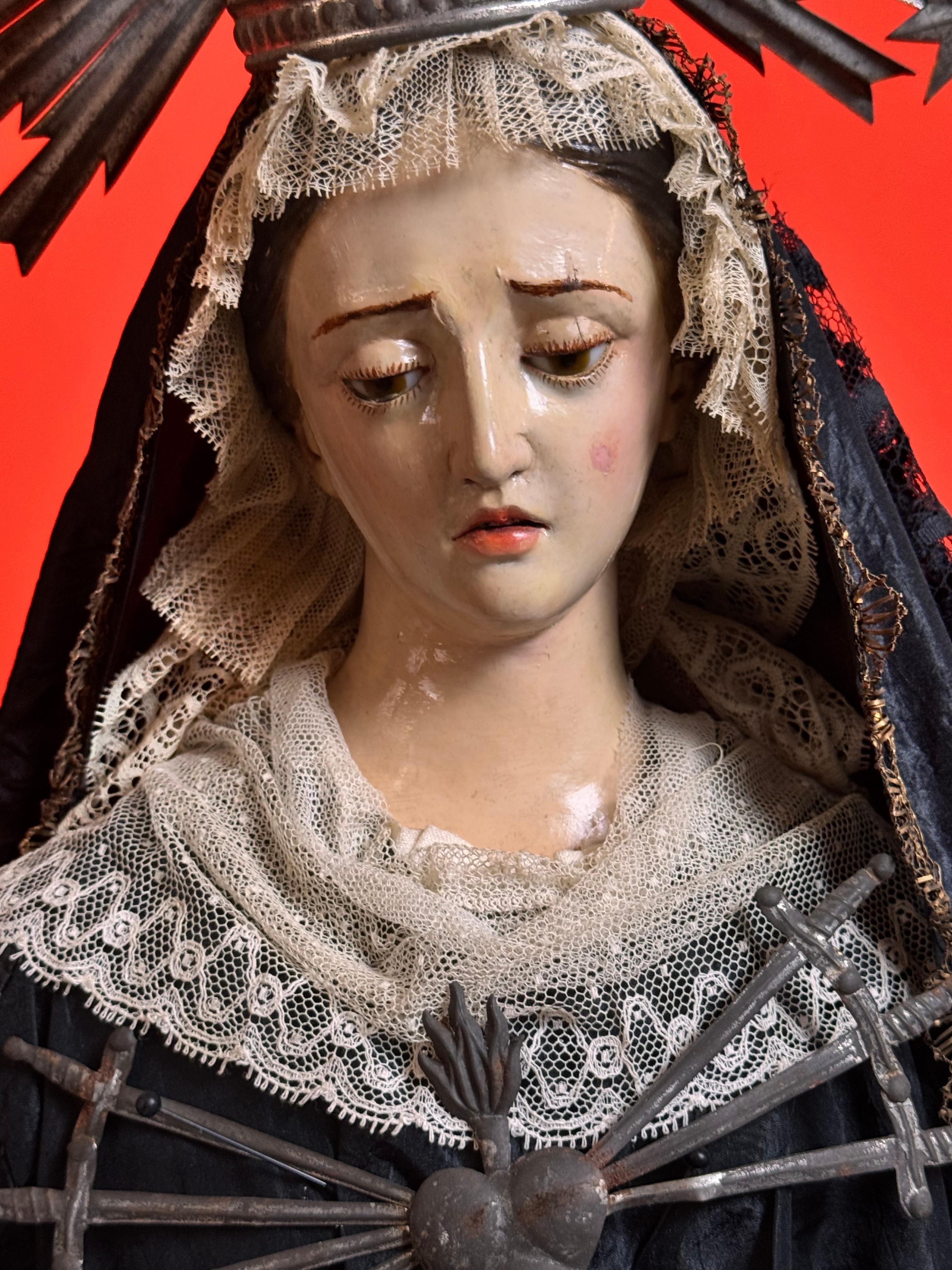 XIX secolo Our Lady of Sorrows, dressed in robes, 19th century. in vendita