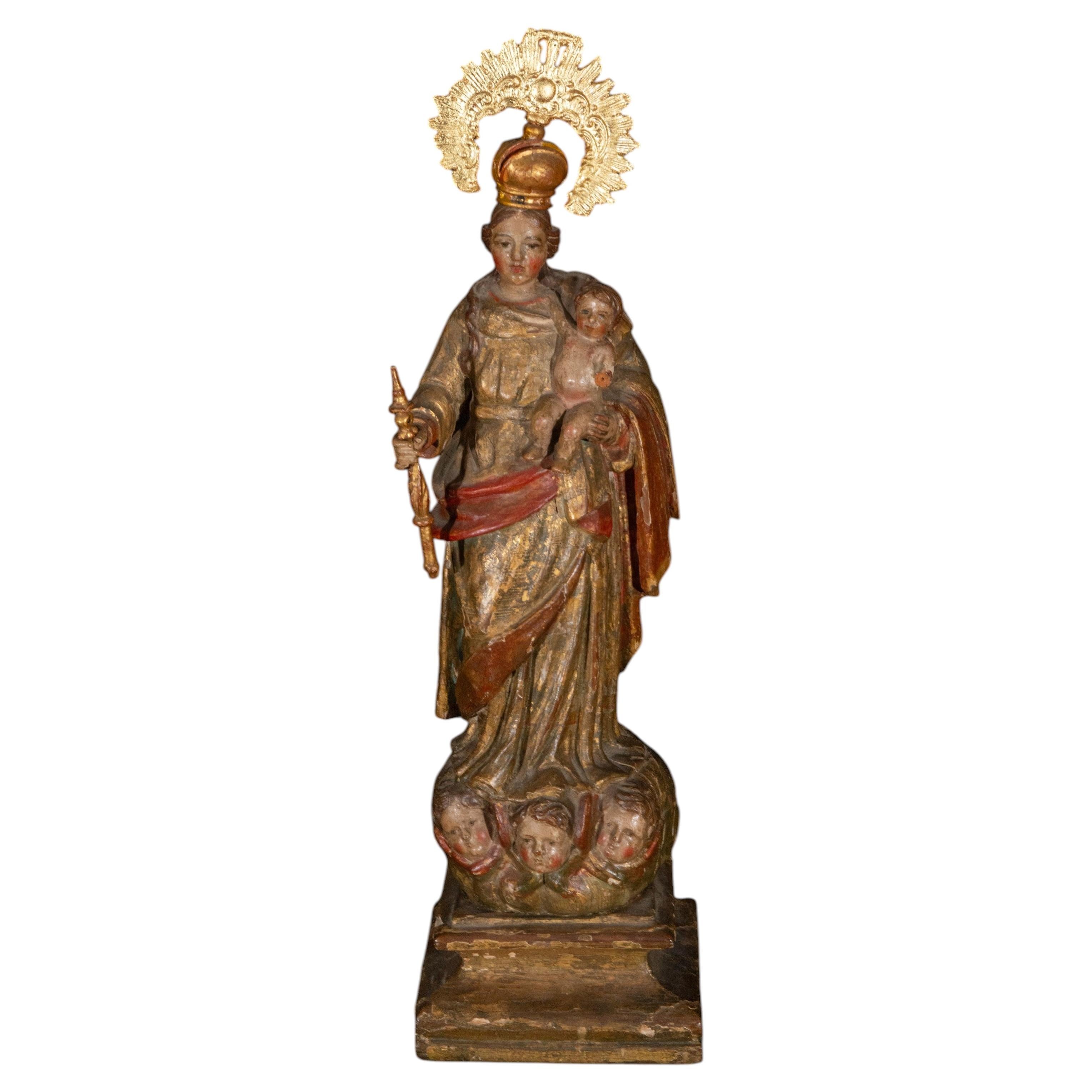 Notre-Dame du Rosaire avec Child & Child, sculpture en bois polychrome, XVIIIe siècle en vente