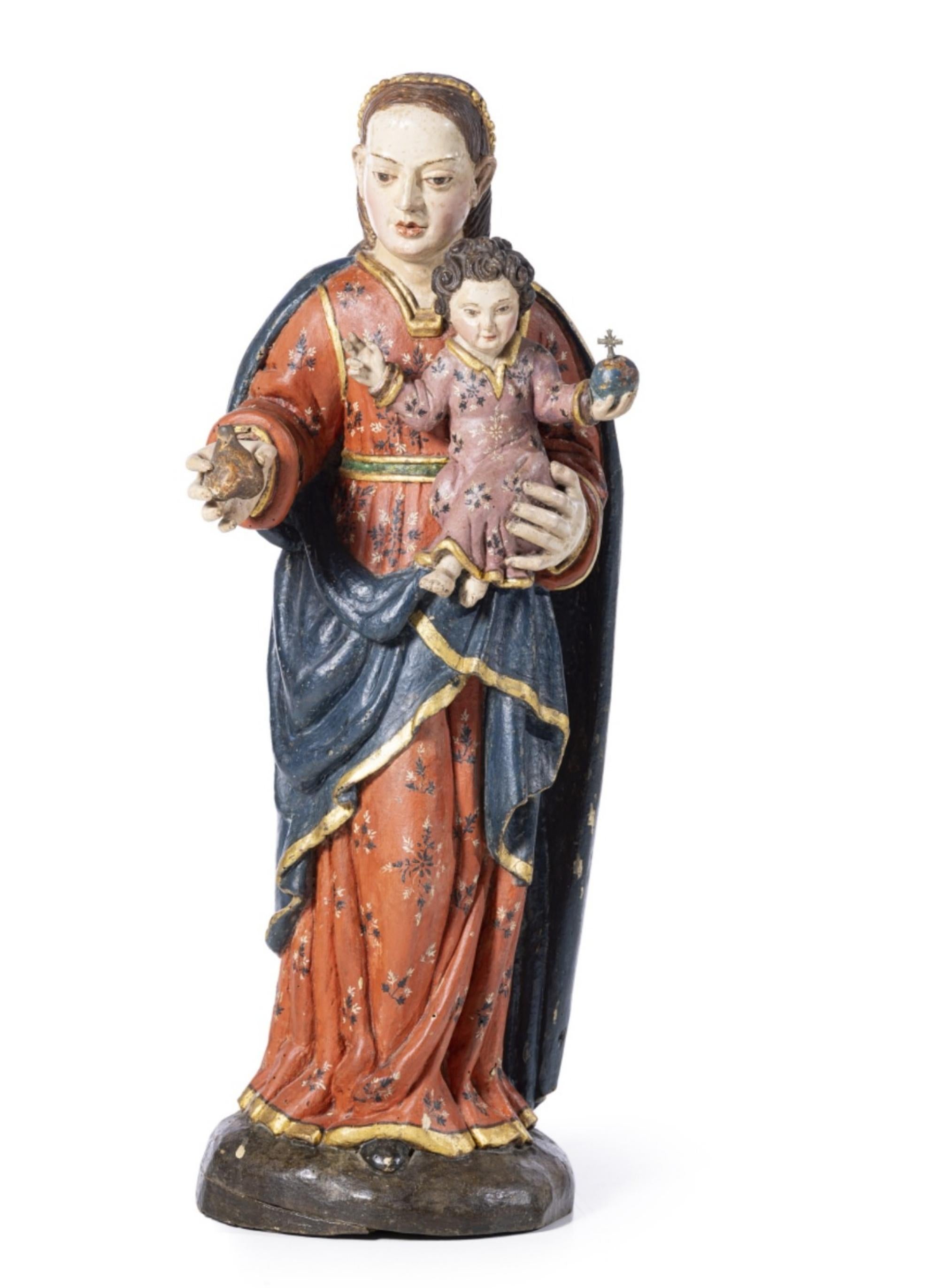 OUR LADY WITH CHILD JESUS SAVIOR OF THE WORLD 17. Jahrhundert (Holz) im Angebot