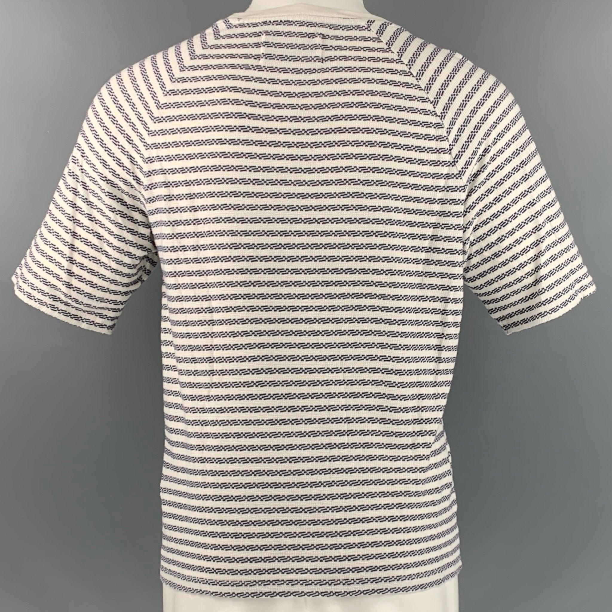OUR LEGACY Size S White Navy Woven Cotton Crew-Neck T-shirt In Good Condition In San Francisco, CA