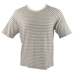 OUR LEGACY Size S White Navy Woven Cotton Crew-Neck T-shirt