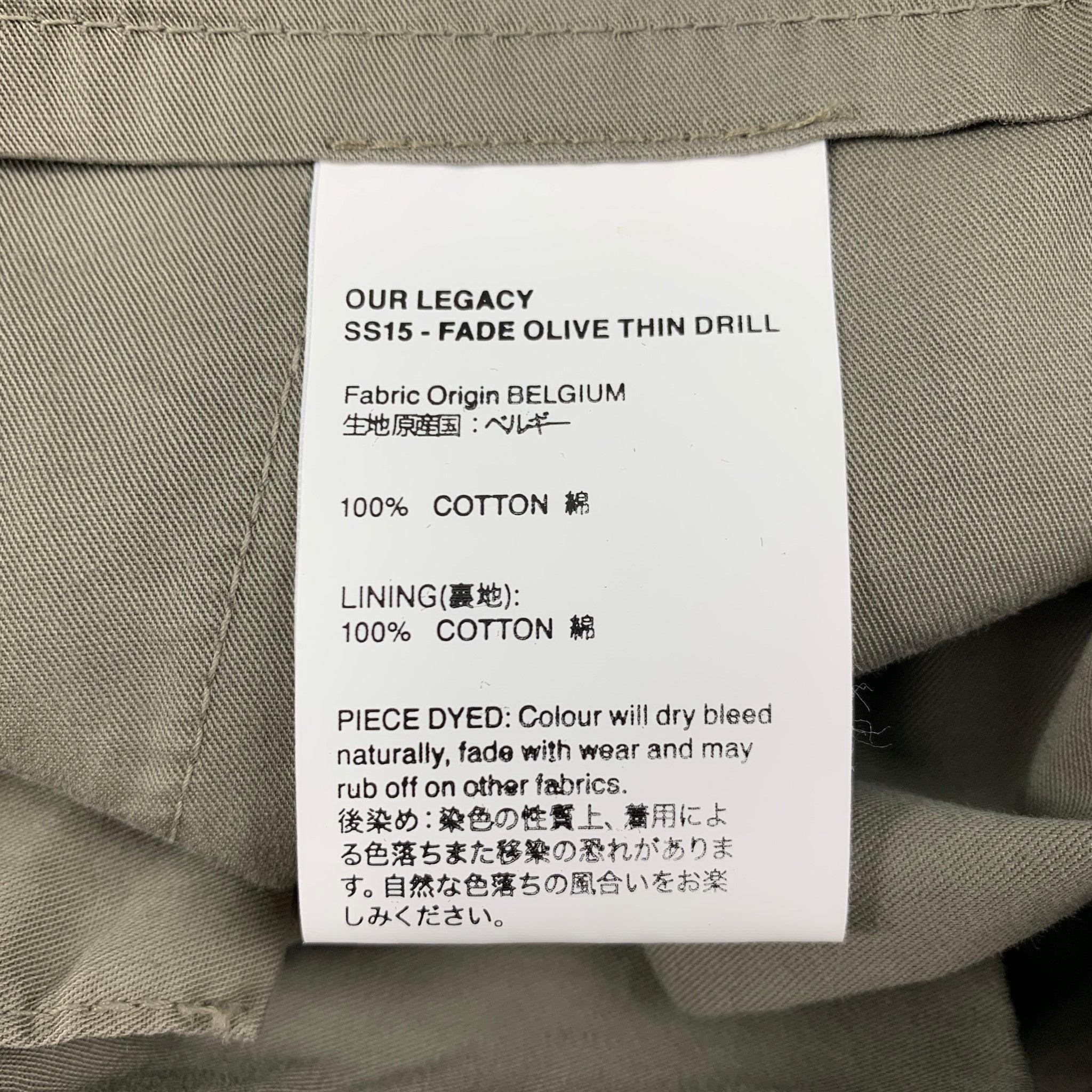OUR LEGACY SS 15 Size 34 Olive Cotton Chino Casual Pants In Excellent Condition For Sale In San Francisco, CA