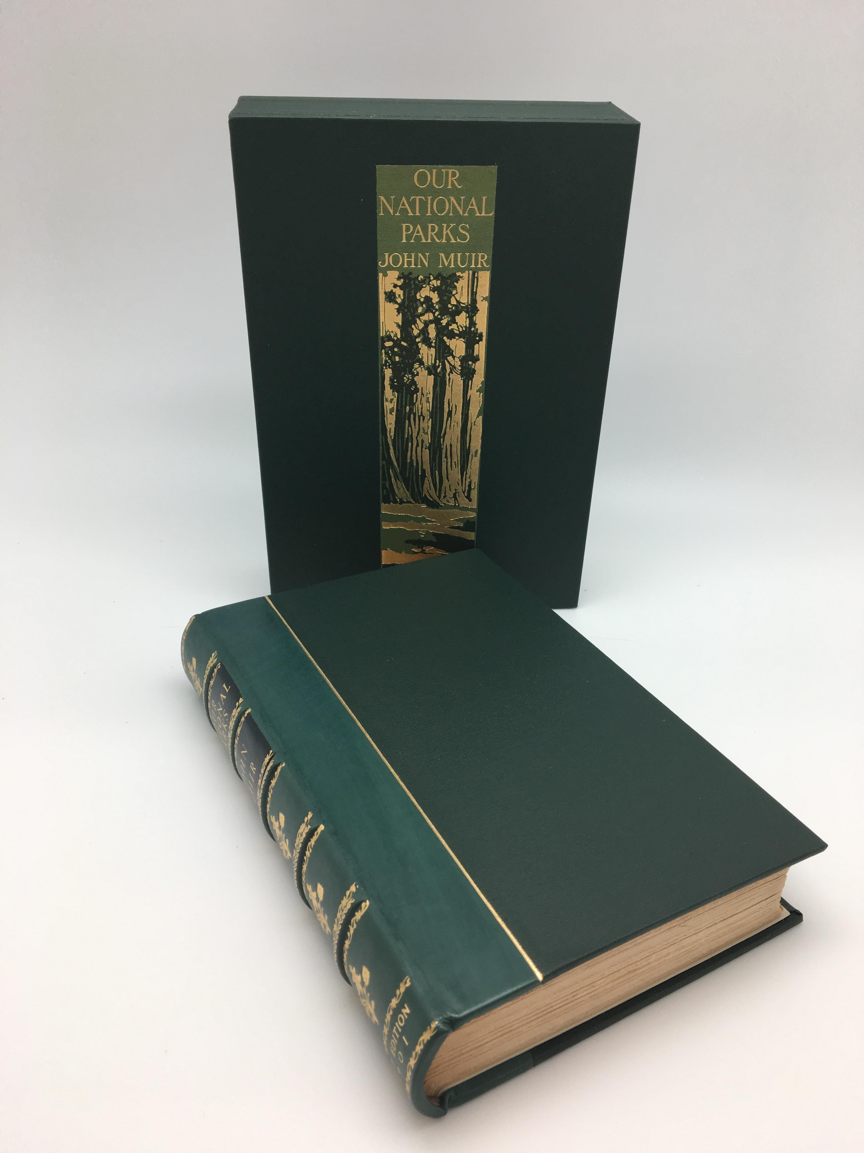 Muir, John, Our National Parks. Boston and New York: Houghton, Mifflin, and Co., 1901. Octavo, rebound in green cloth and quarter leather. Accompanied by a matching slipcase.

This first edition copy of Our National Parks by John Muir was
