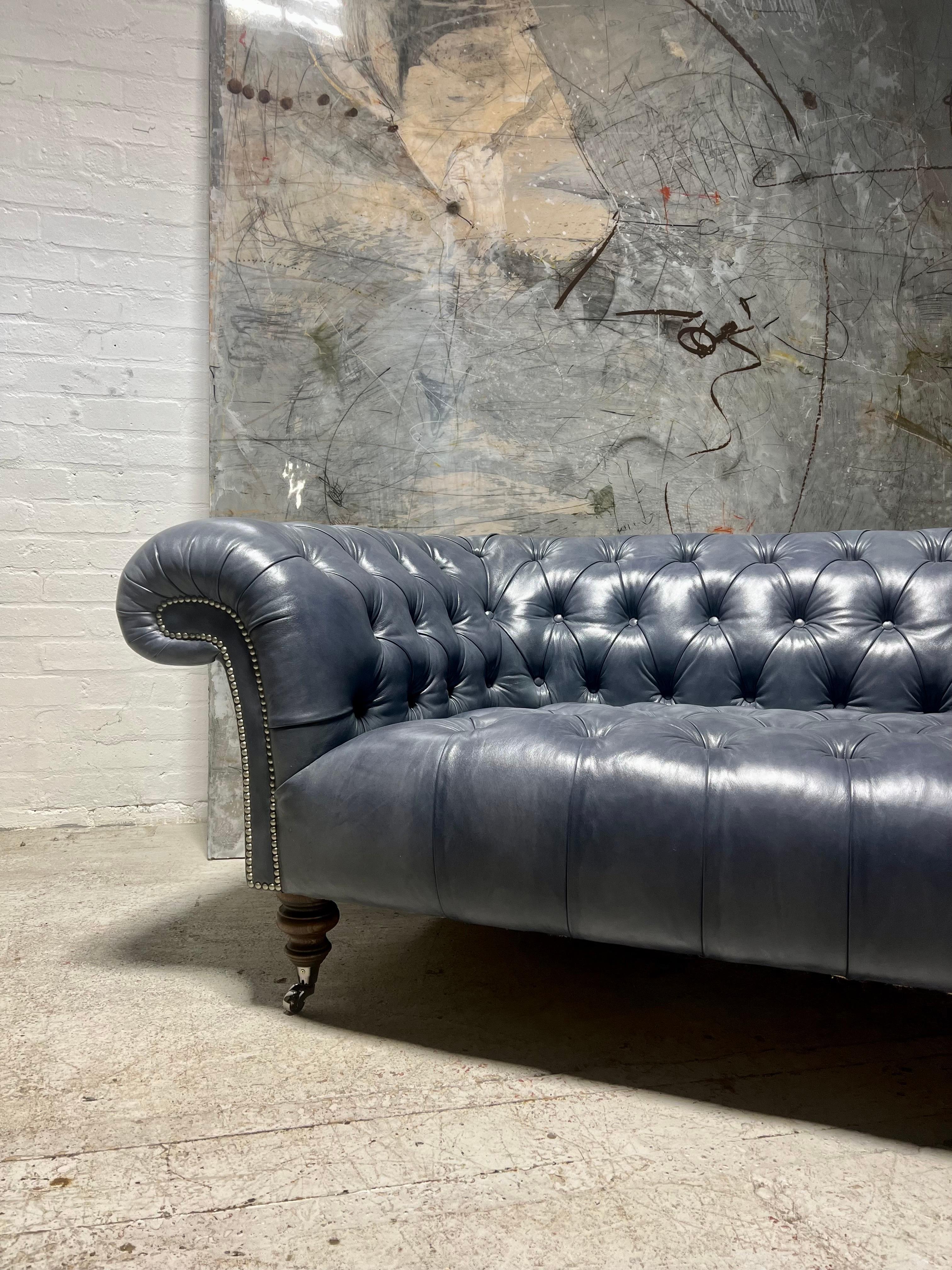 British Our Signature Carver Tufted Chesterfield Sofa in Hand Dyed Elephant Grey Leather For Sale