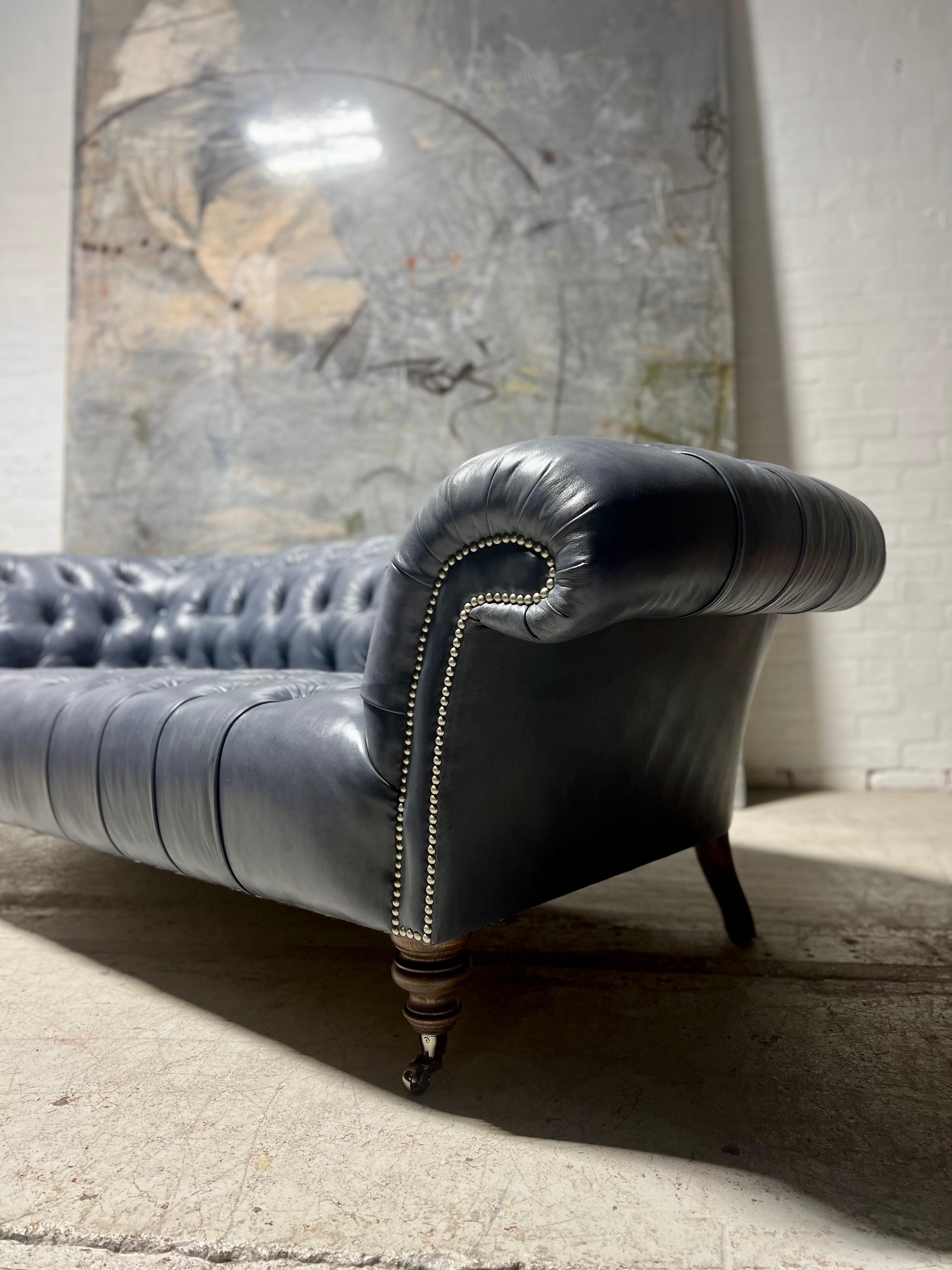 Hand-Painted Our Signature Carver Tufted Chesterfield Sofa in Hand Dyed Elephant Grey Leather For Sale