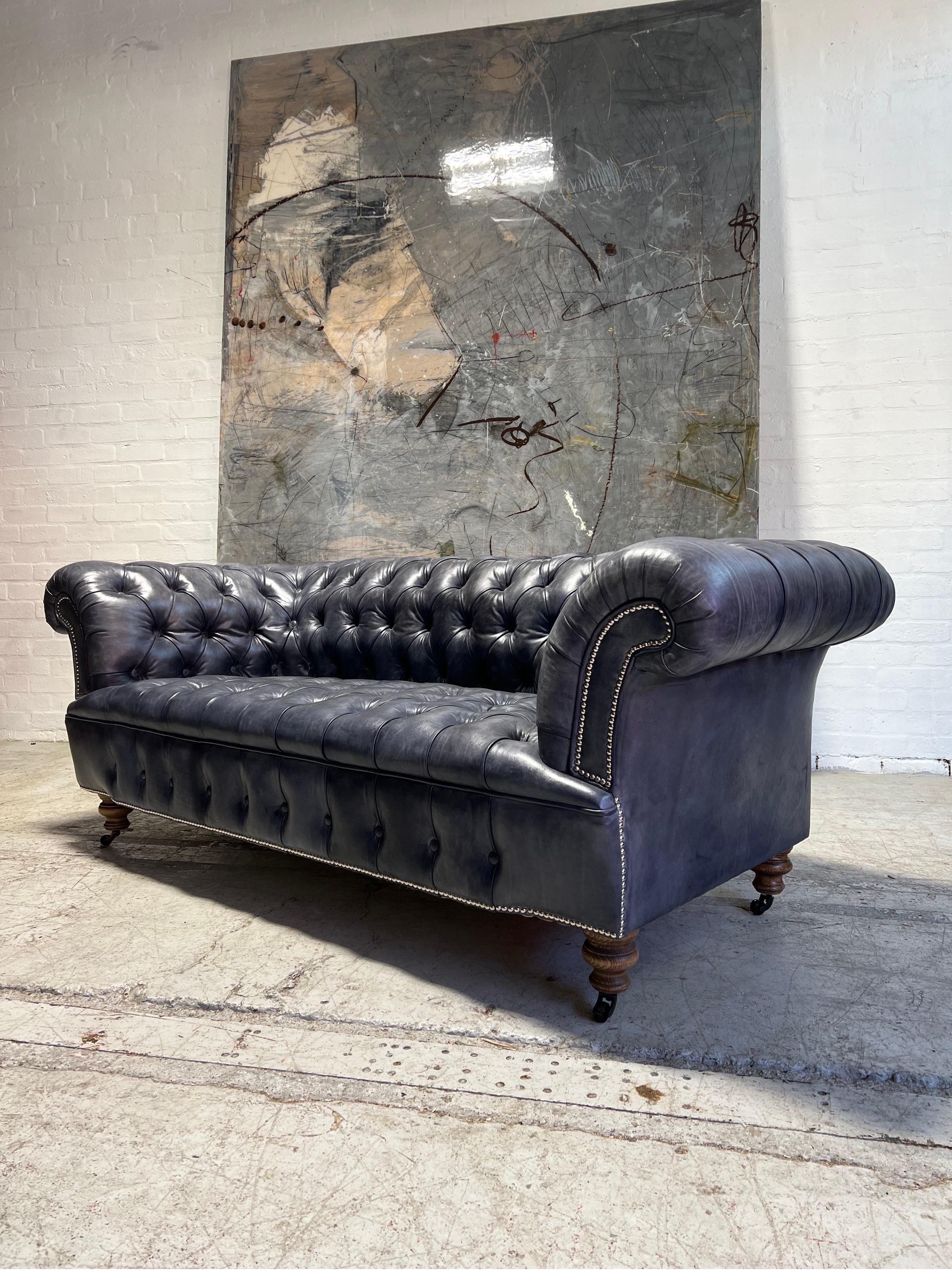 Our Signature Howard Chesterfield Sofa in Hand Dyed Elephant Grey Leather For Sale 5