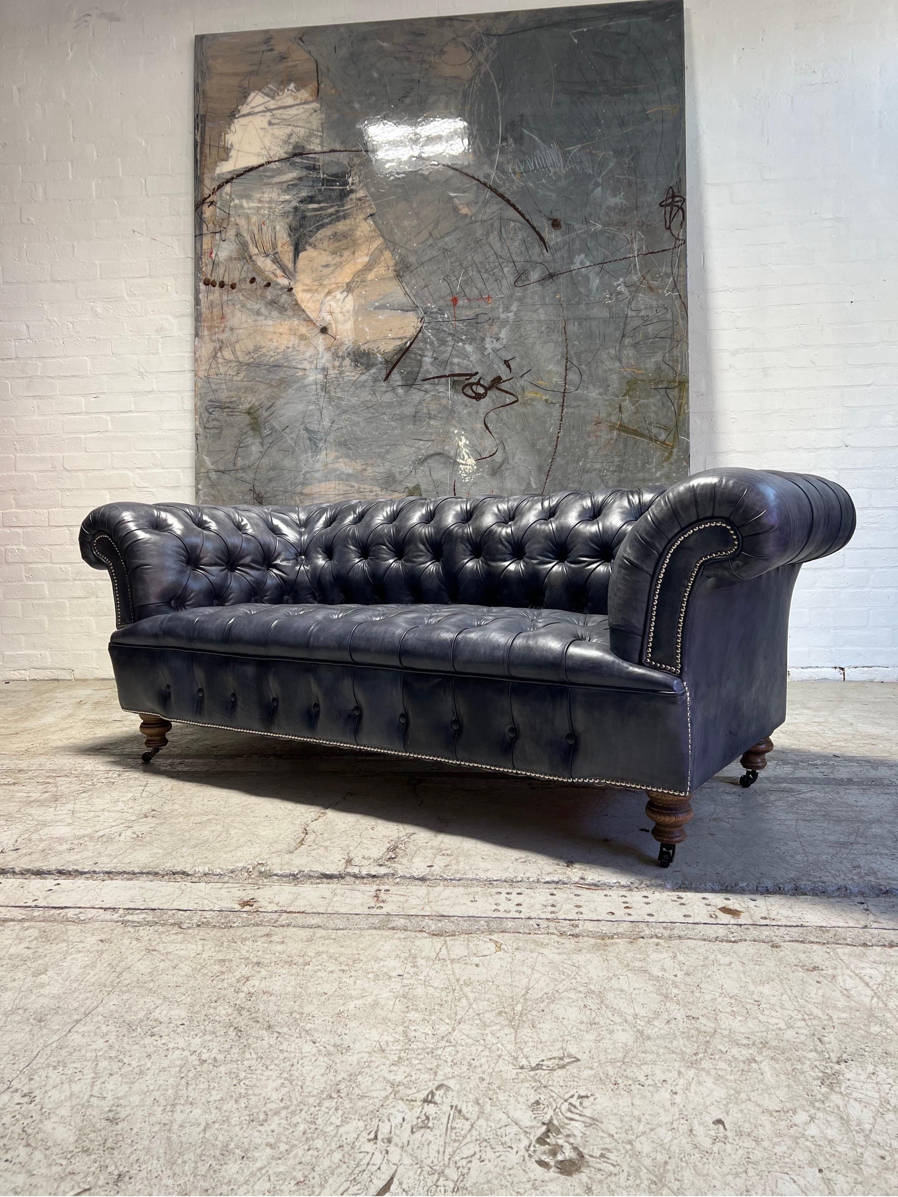 Our Signature Howard Chesterfield Sofa in Hand Dyed Elephant Grey Leather For Sale 6