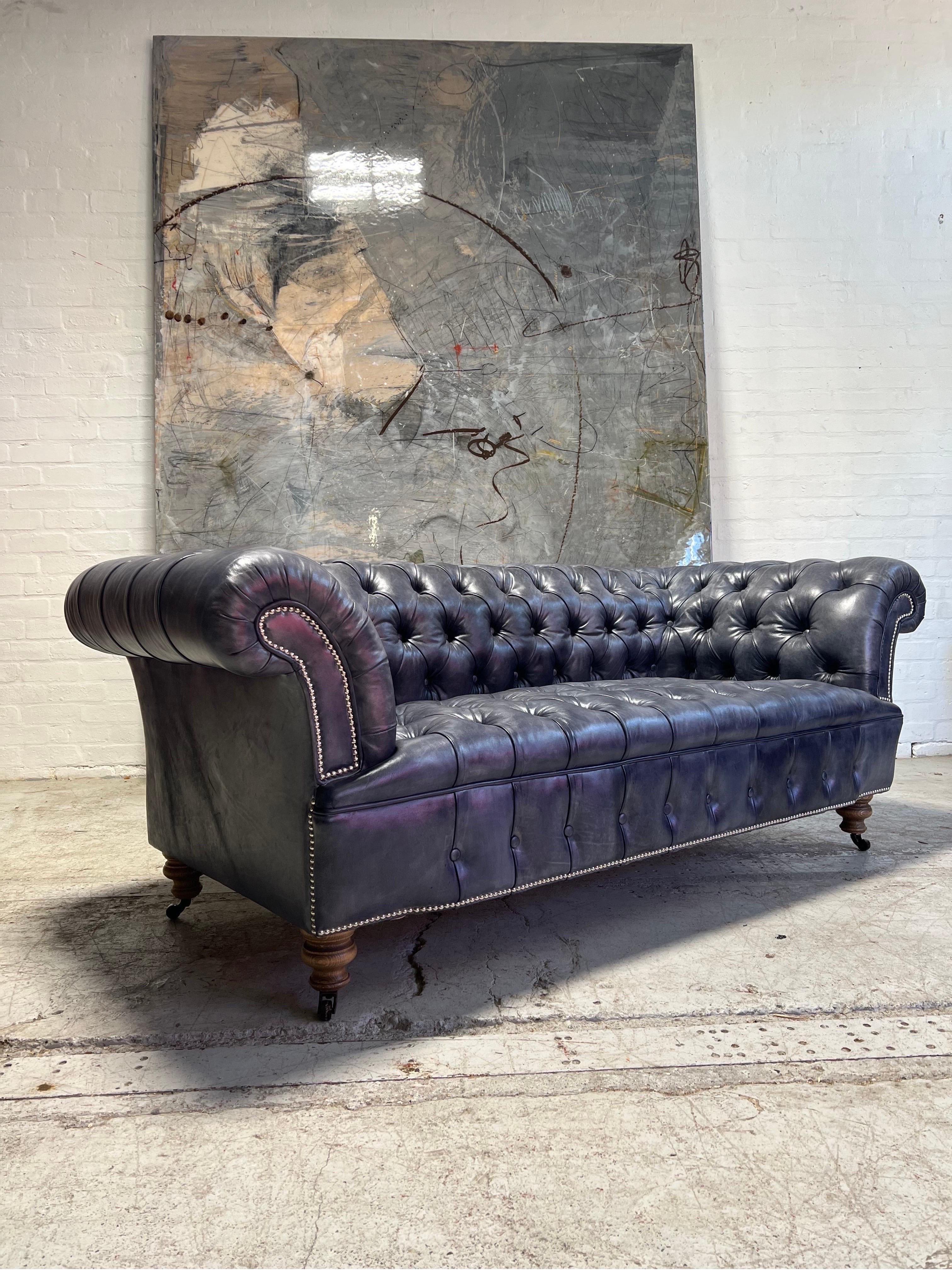 British Our Signature Howard Chesterfield Sofa in Hand Dyed Elephant Grey Leather For Sale