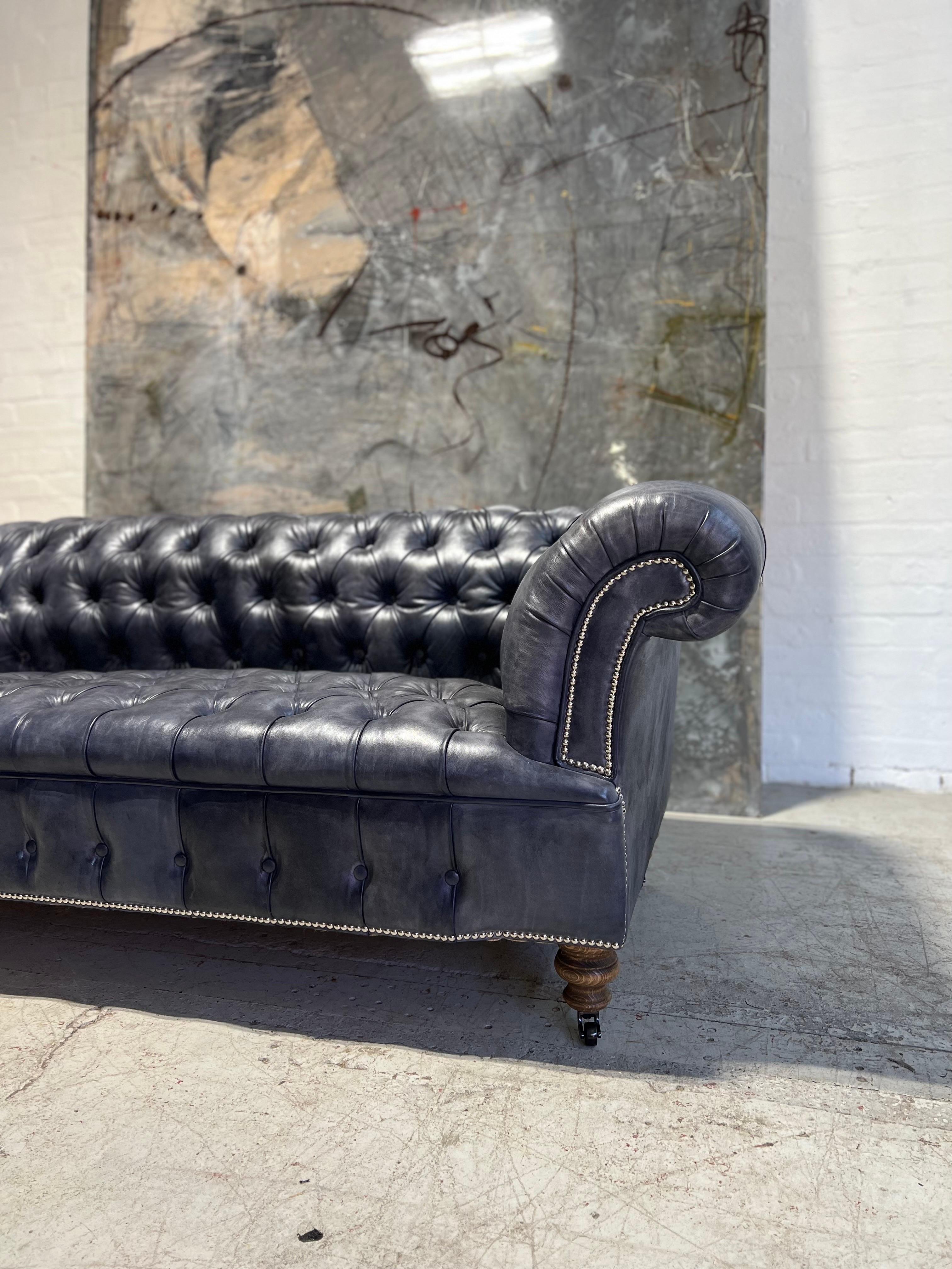 Our Signature Howard Chesterfield Sofa in Hand Dyed Elephant Grey Leather For Sale 1