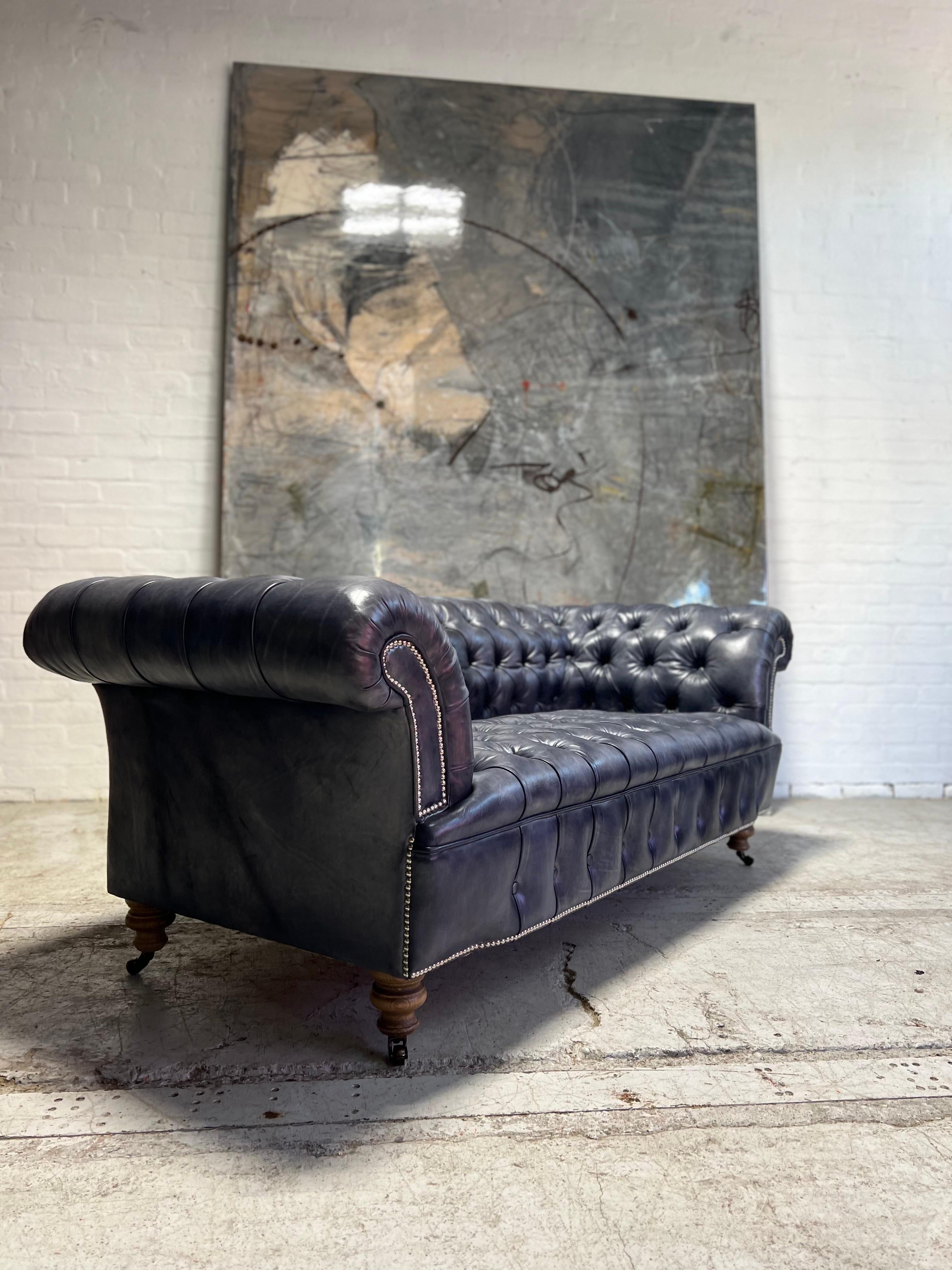 Our Signature Howard Chesterfield Sofa in Hand Dyed Elephant Grey Leather For Sale 2