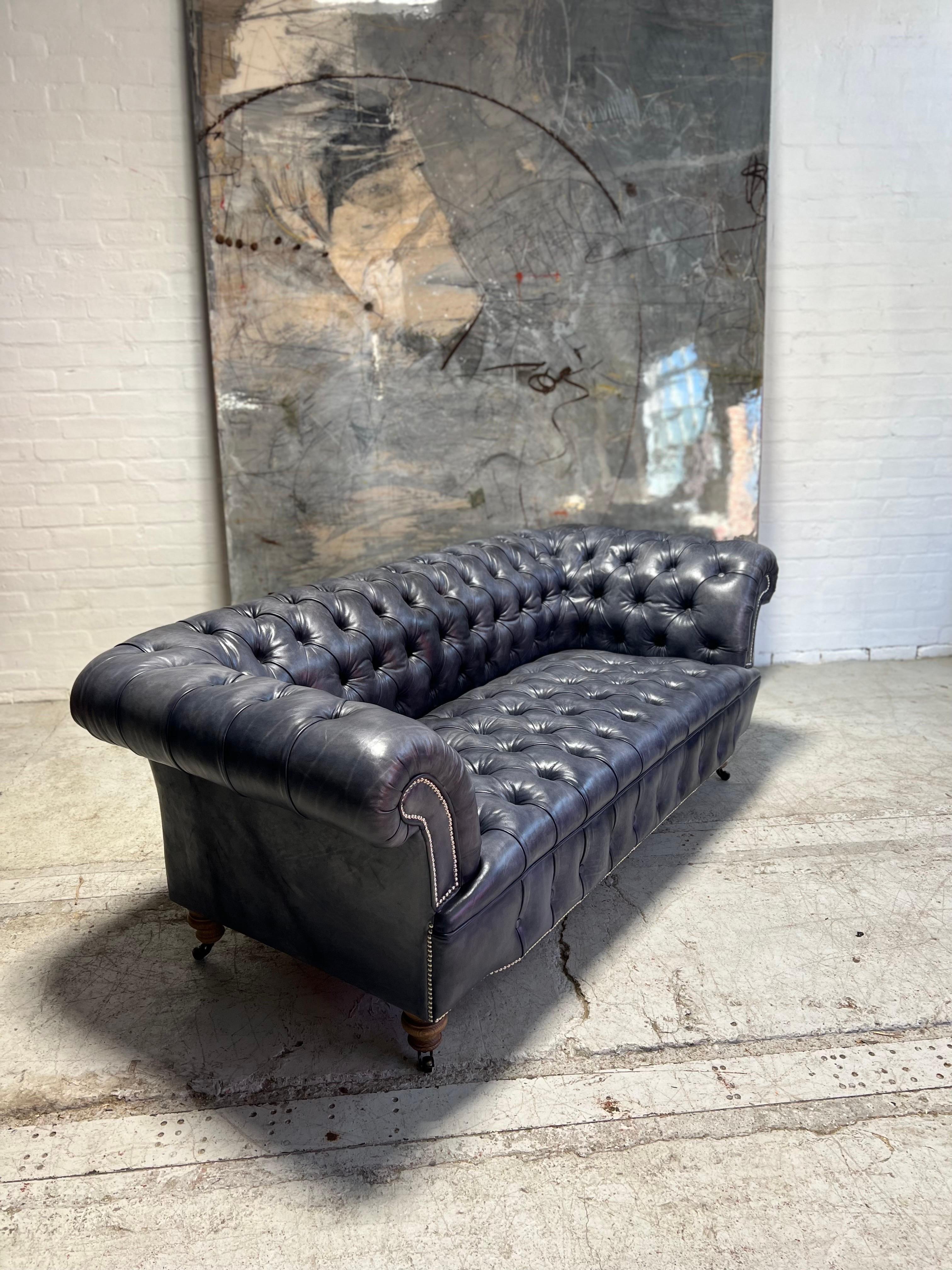 Our Signature Howard Chesterfield Sofa in Hand Dyed Elephant Grey Leather For Sale 3