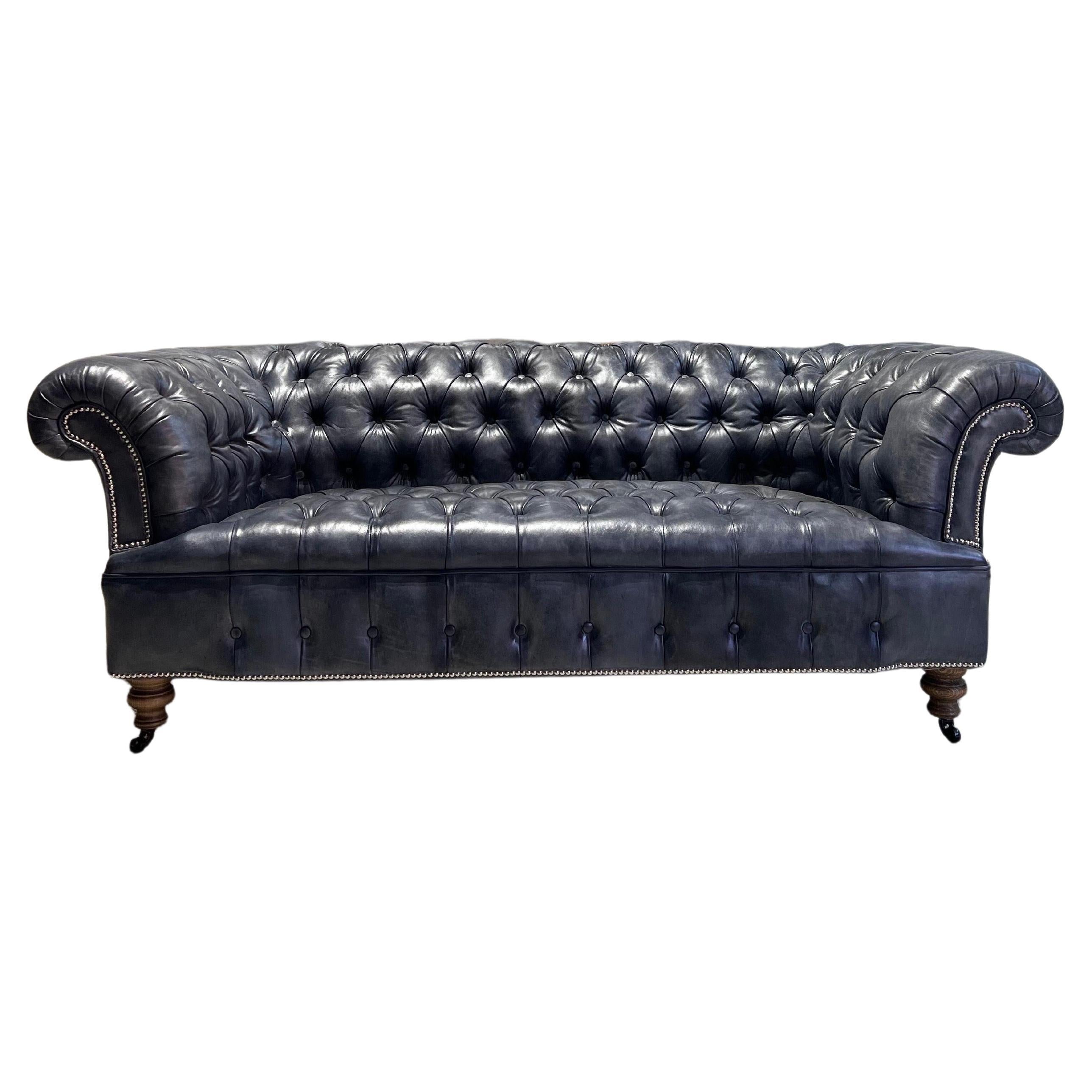 Our Signature Howard Chesterfield Sofa in Hand Dyed Elephant Grey Leather For Sale