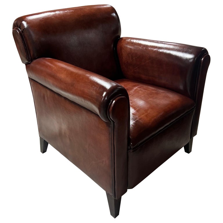 tobacco leather armchair Our Signature Leather Edward Cigar Armchair in Hand Dyed Tobacco with  Patina For Sale at 1stDibs