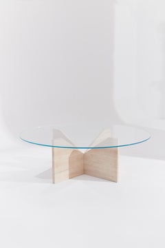 X Shape Light Travertine Coffee Table with Round Clear Glass by RAFFINATO