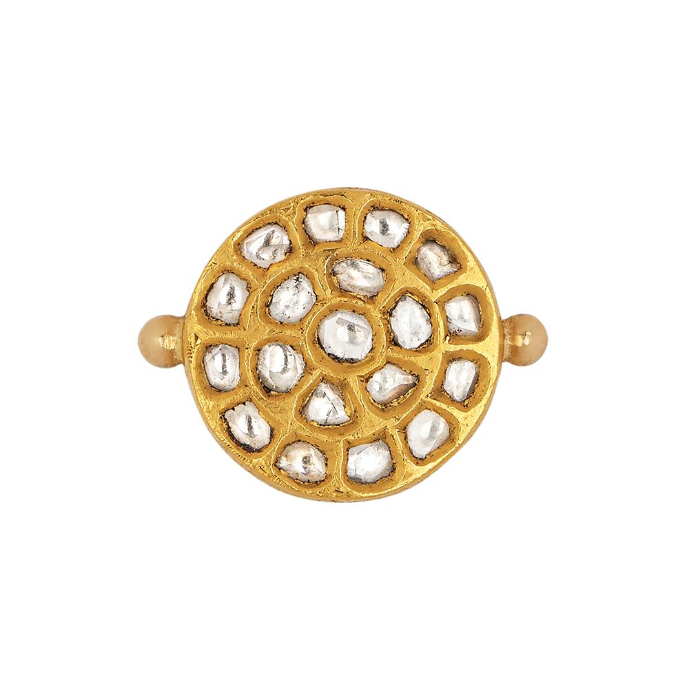 Sun by OUROBOROS.

Polki diamonds Kundan set in 24kt gold into the shape of a sun with the base set in 18kt gold, ring.

If this item is out of stock, it is made to order and can take 4-6 weeks.  

OUROBOROS is an artisanal brand, based out of
