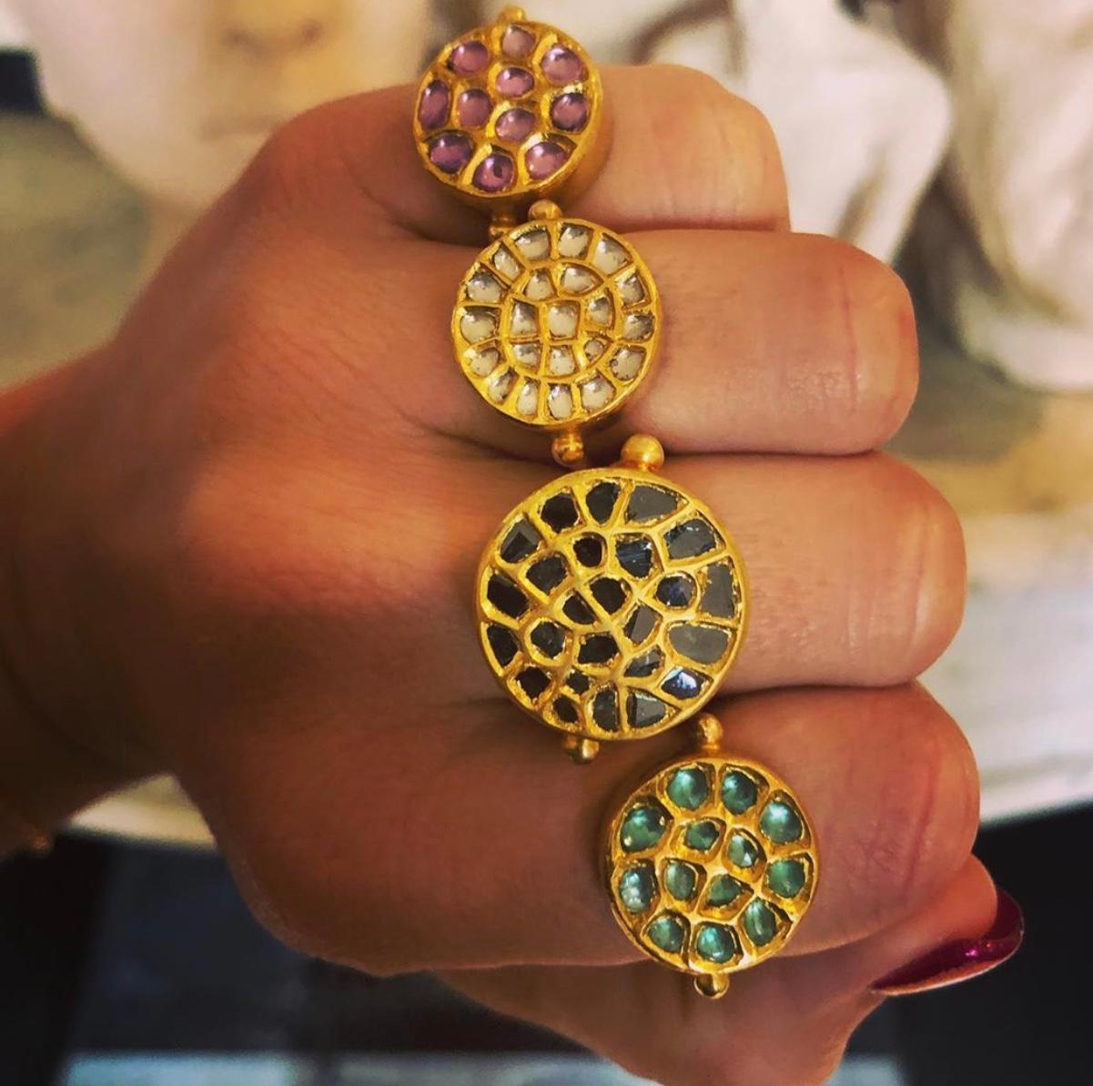 Artisan Ouroboros 18 and 24 Karat Gold, Diamond Kundan Set Sun Ring For Sale