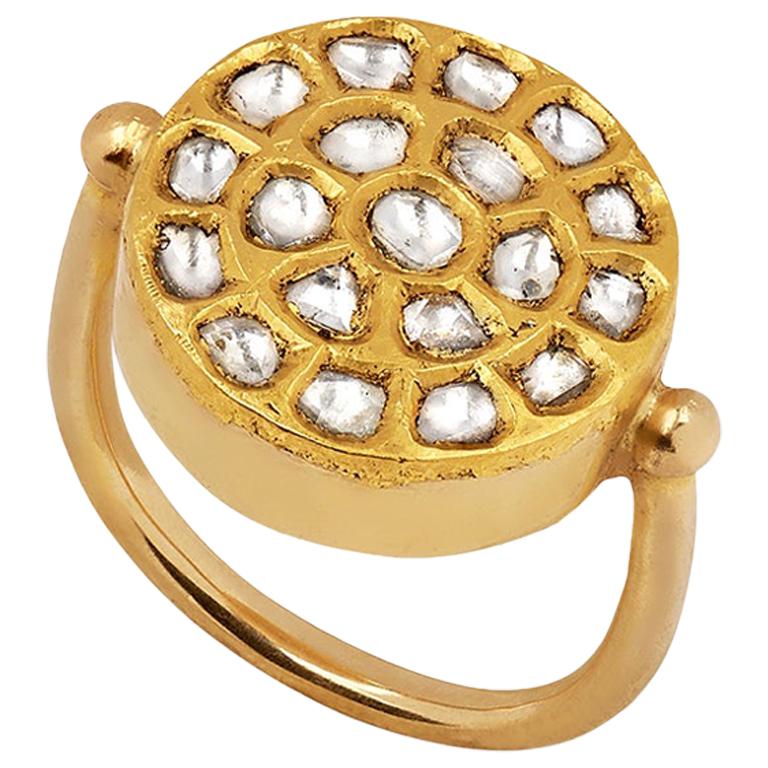 Ouroboros 18 and 24 Karat Gold, Diamond Kundan Set Sun Ring For Sale