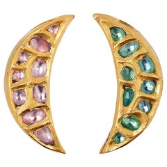 Ouroboros 18 and 24 Karat Gold, Emerald and Pink Sapphire Moon Stud Earrings