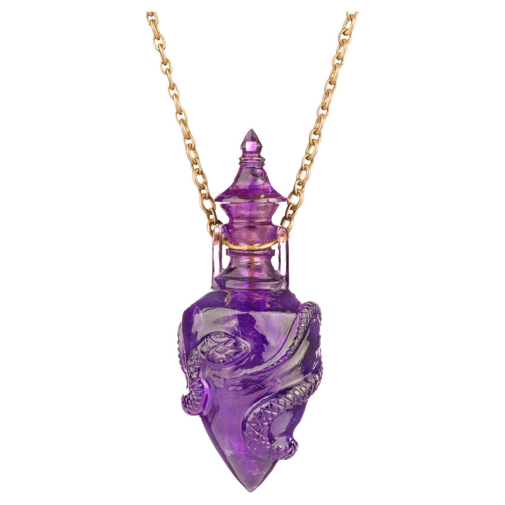 Ouroboros Amethyst Poison Bottle Pendant on Gold Chain