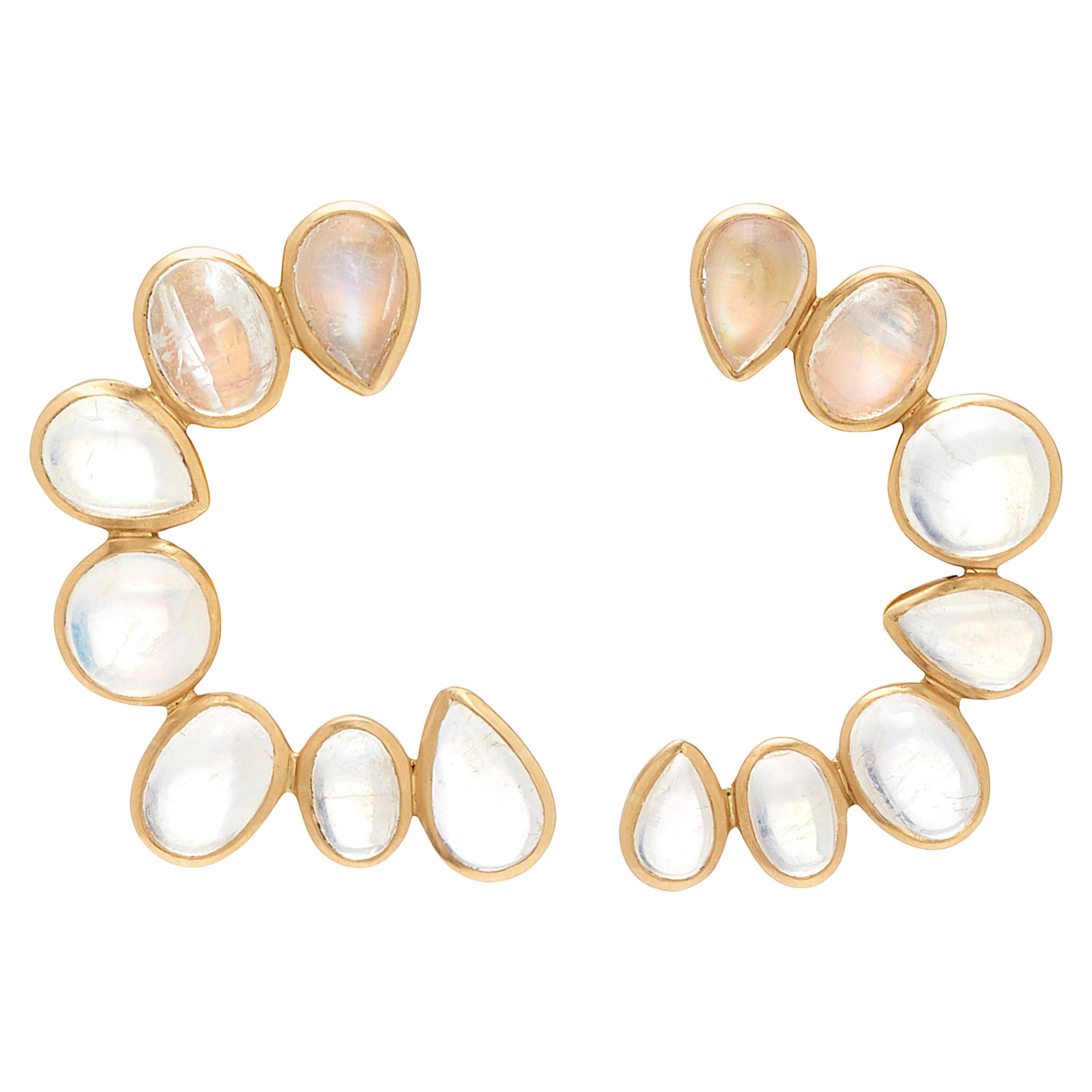 Ouroboros Cabochon Moonstone Crescent Earrings 18 Karat Gold For Sale