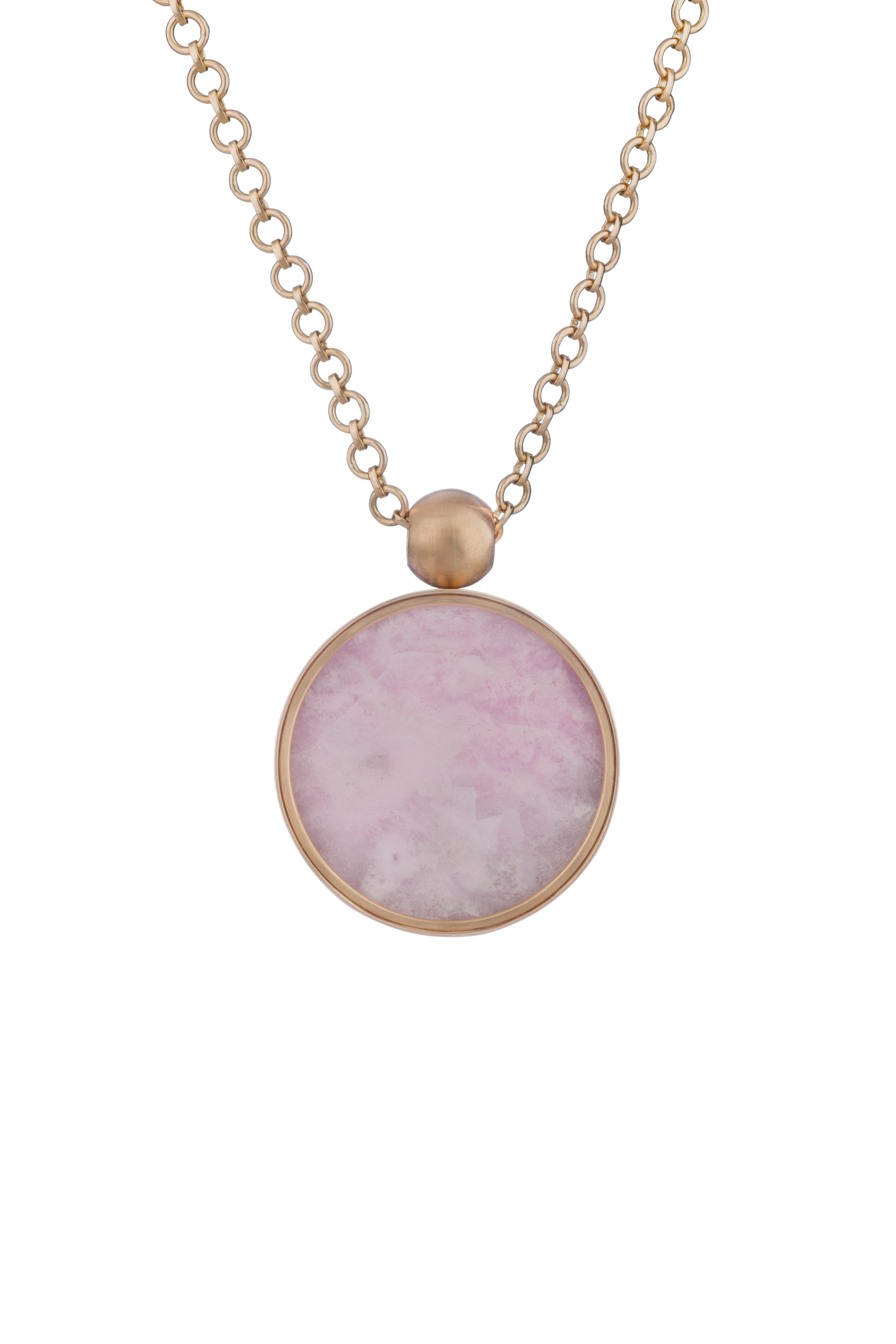 OUROBOROS' 'Lacy Clouds,' pink aragonite and blue lace chalcedony set in 18kt gold.

There are four chain options, all are handmade, 36