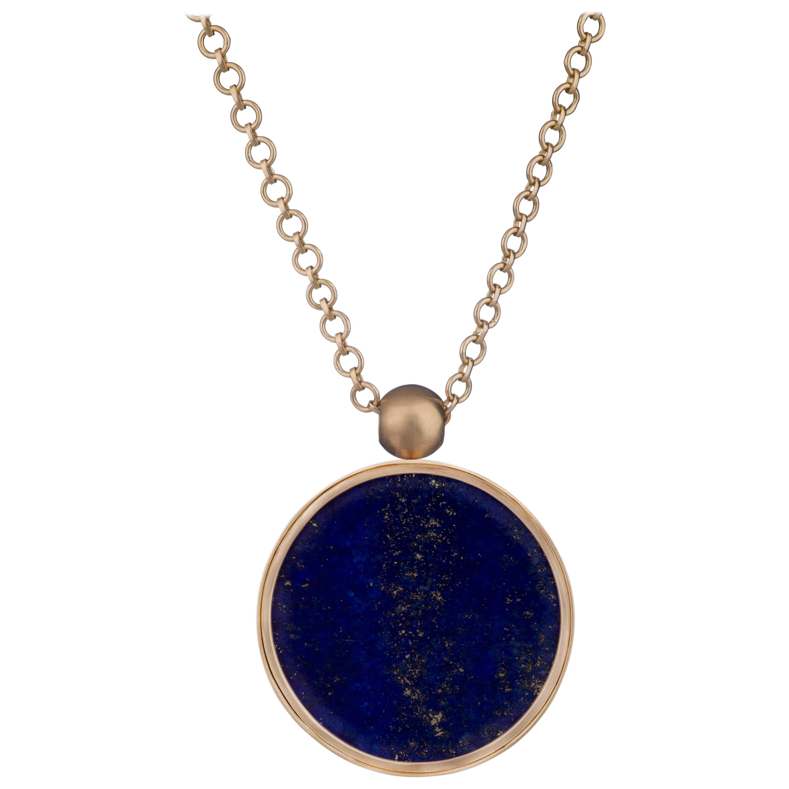 OUROBOROS Lapis Lazuli and 18 Karat Yellow Gold Sun Pendant Necklace For Sale