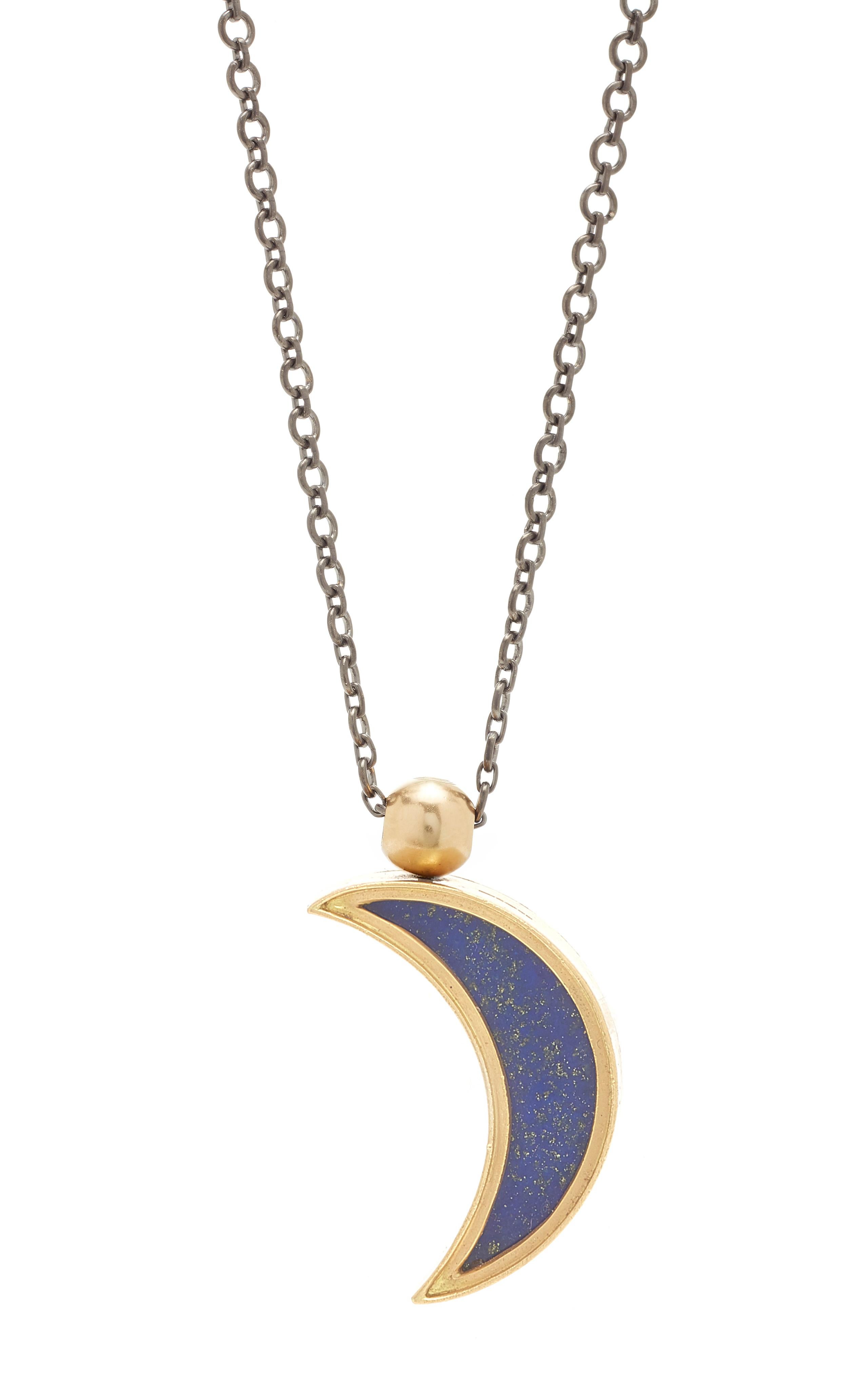 OUROBOROS Diamond and Lapis Lazuli Crescent Moon Pendant 18 Karat Gold Necklace For Sale 6