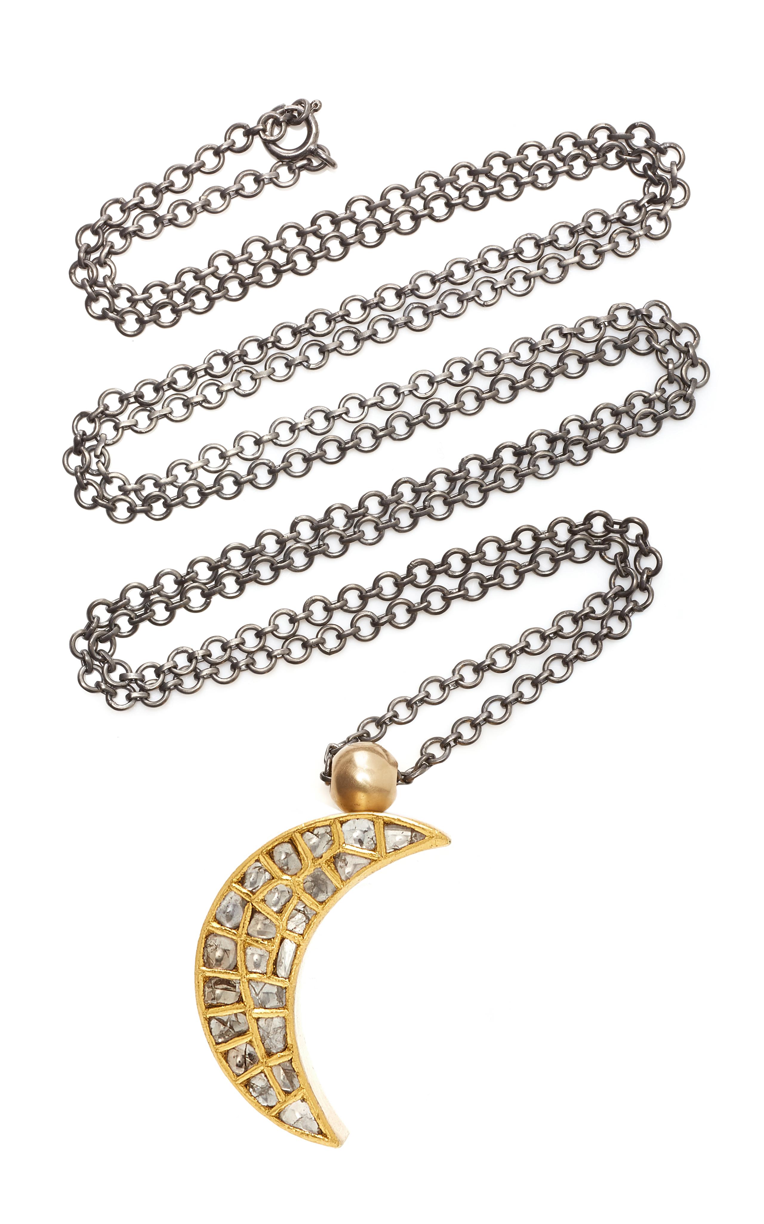 OUROBOROS Diamond and Lapis Lazuli Crescent Moon Pendant 18 Karat Gold Necklace For Sale 4