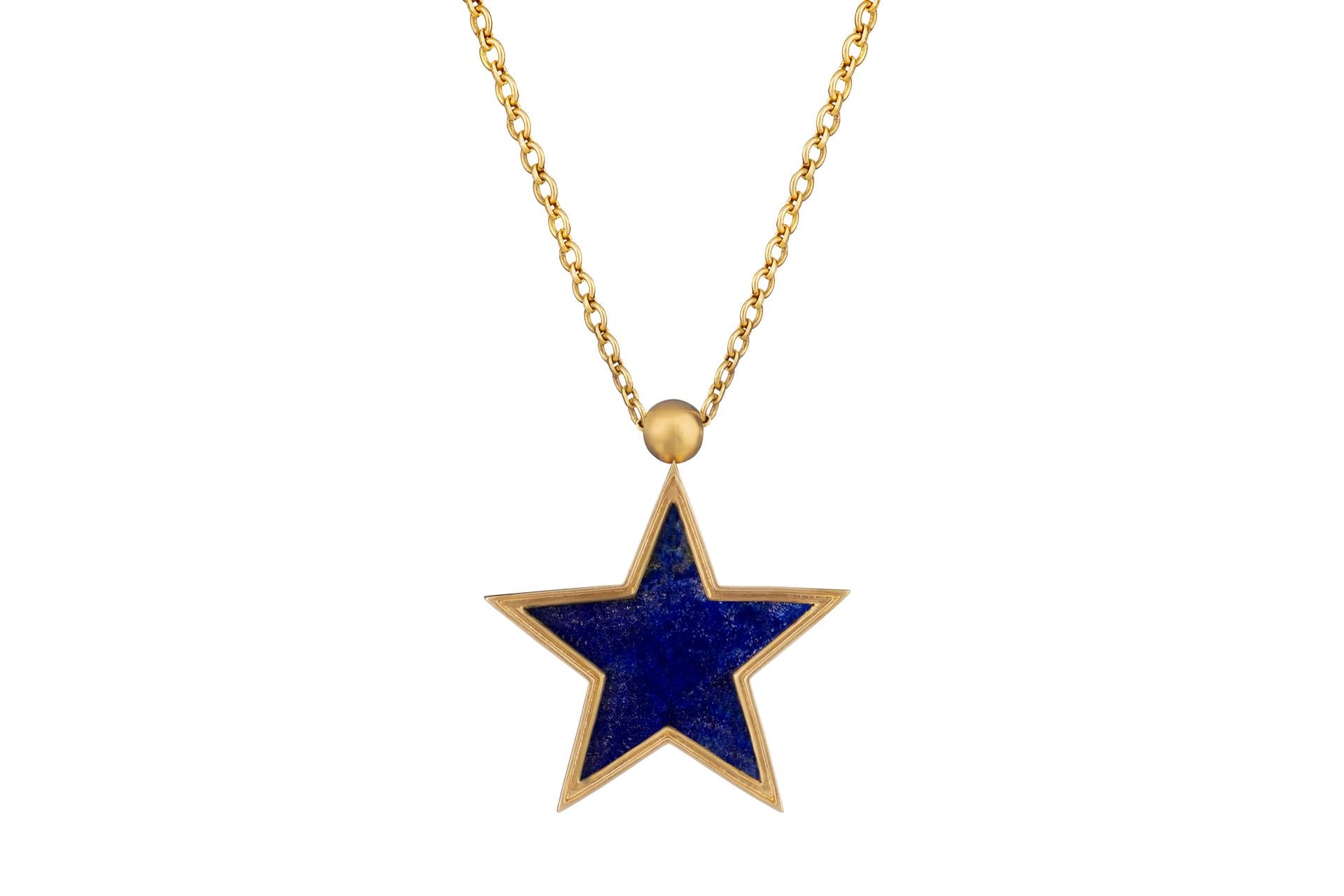 Artisan OUROBOROS Diamond and Lapis Lazuli Star Pendant Necklace Set in 18 Karat Gold For Sale