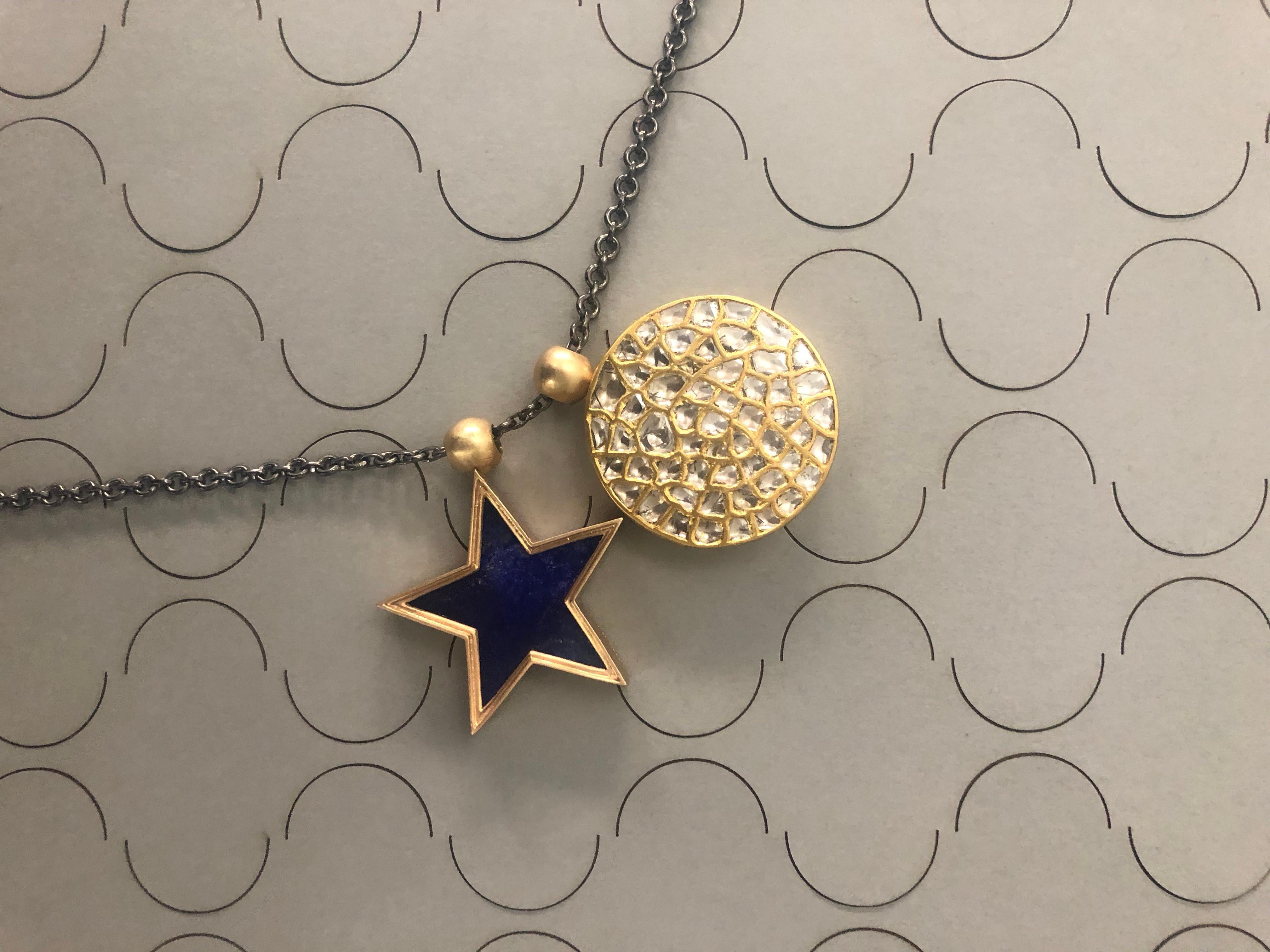 OUROBOROS Diamond and Lapis Lazuli Star Pendant Necklace Set in 18 Karat Gold For Sale 5