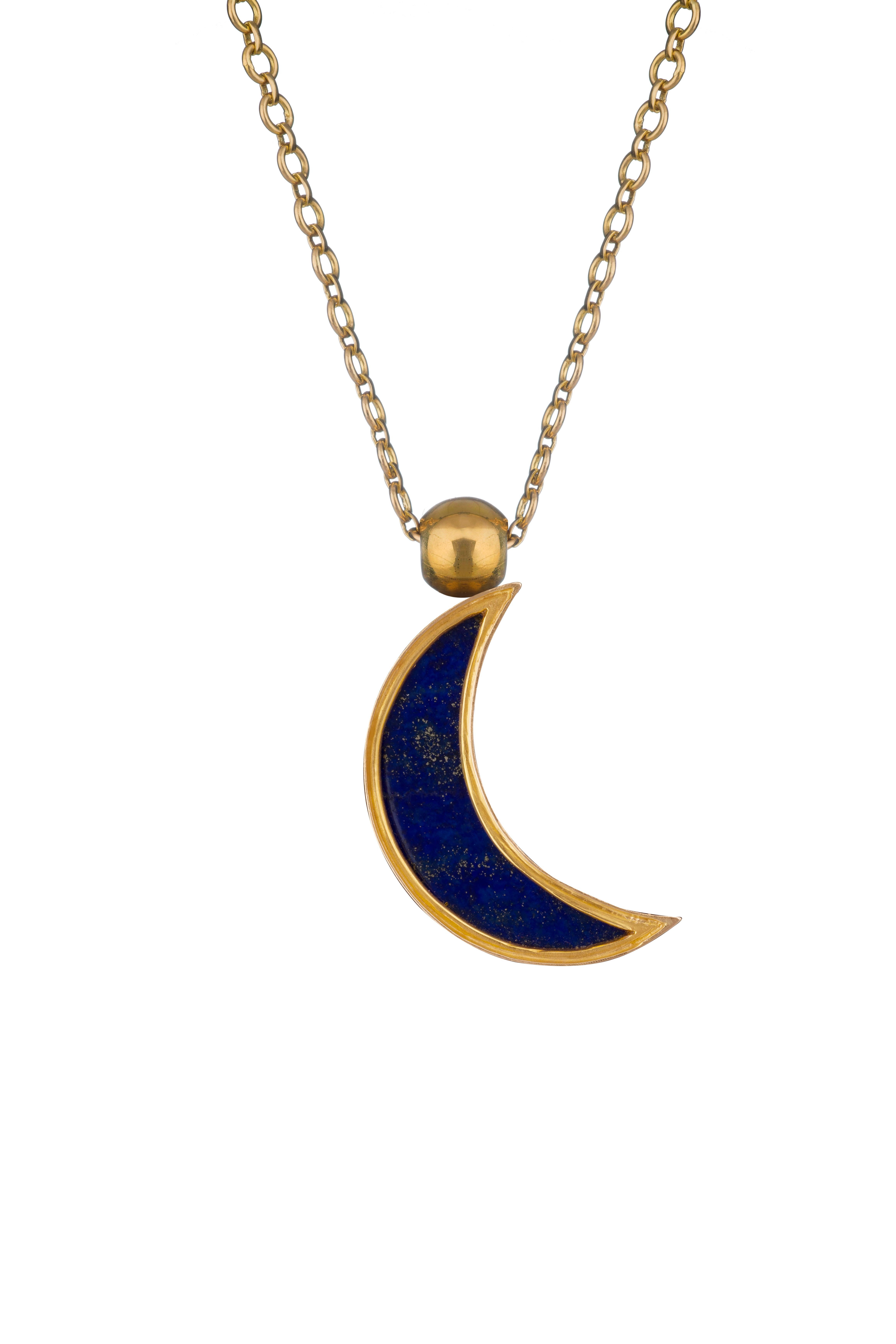 OUROBOROS Diamond and Lapis Lazuli Crescent Moon Pendant 18 Karat Gold Necklace In New Condition For Sale In London, GB
