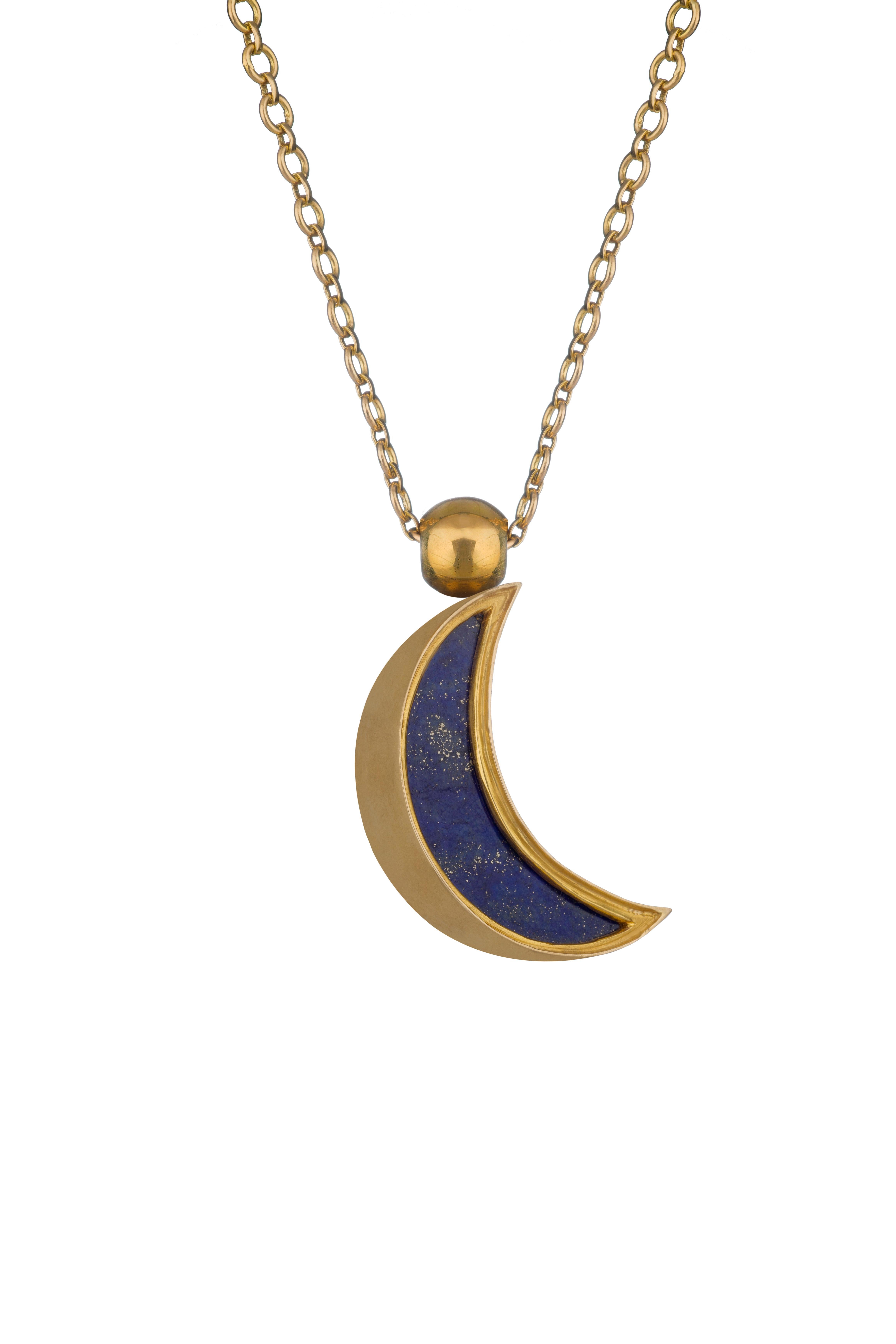 Women's or Men's OUROBOROS Diamond and Lapis Lazuli Crescent Moon Pendant 18 Karat Gold Necklace For Sale