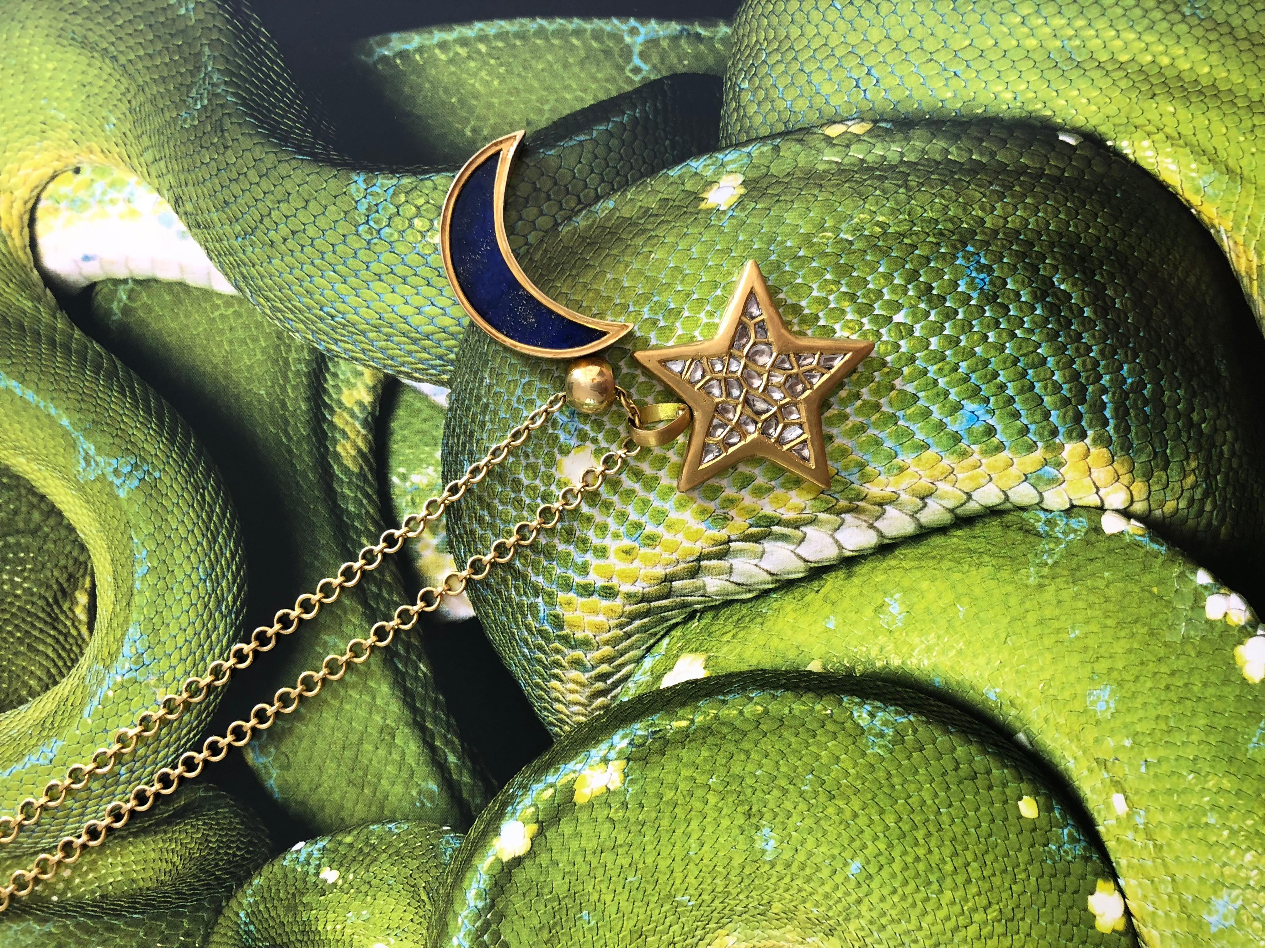 OUROBOROS Diamond and Lapis Lazuli Crescent Moon Pendant 18 Karat Gold Necklace For Sale 1