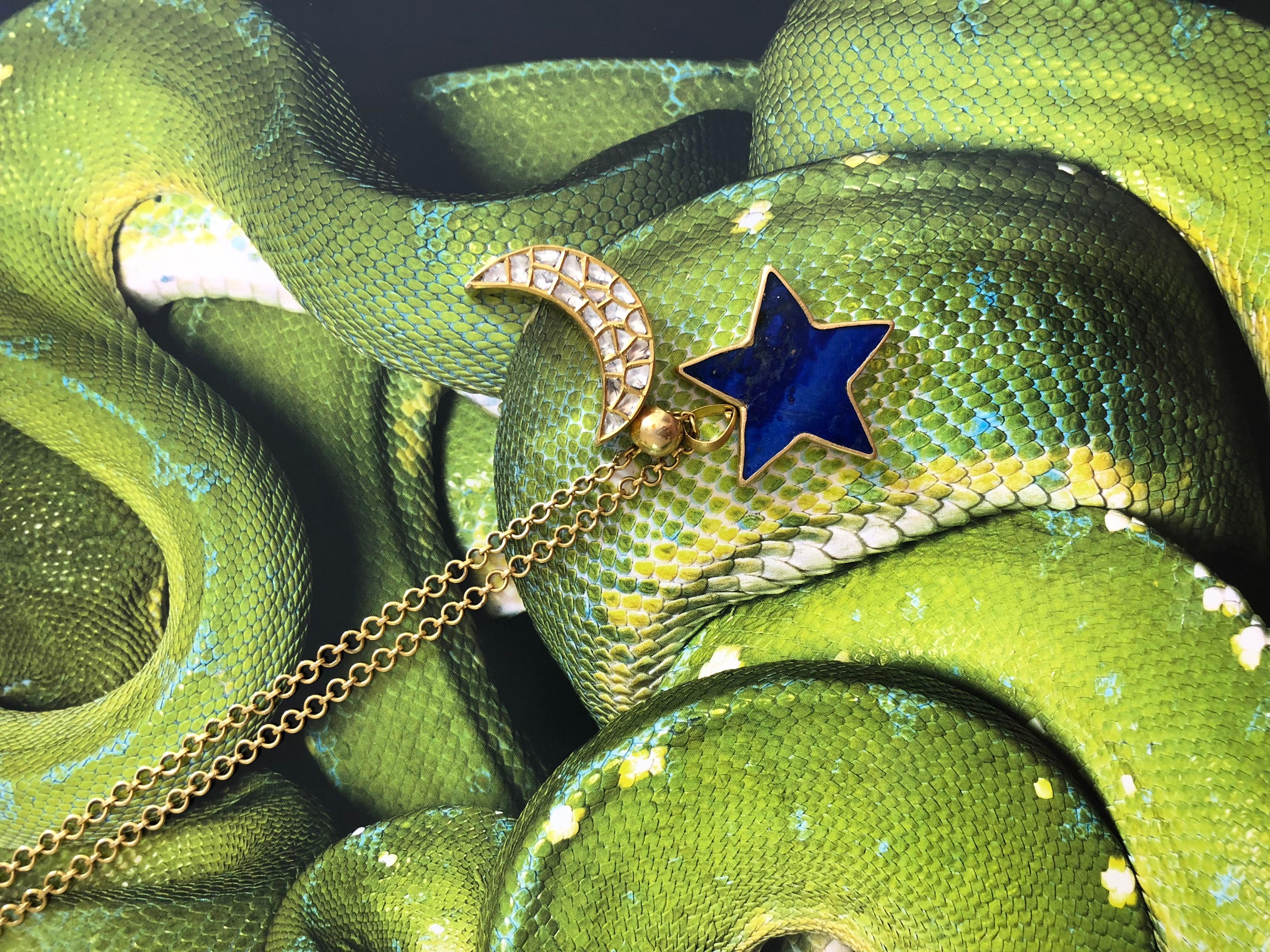 OUROBOROS Diamond and Lapis Lazuli Crescent Moon Pendant 18 Karat Gold Necklace For Sale 3