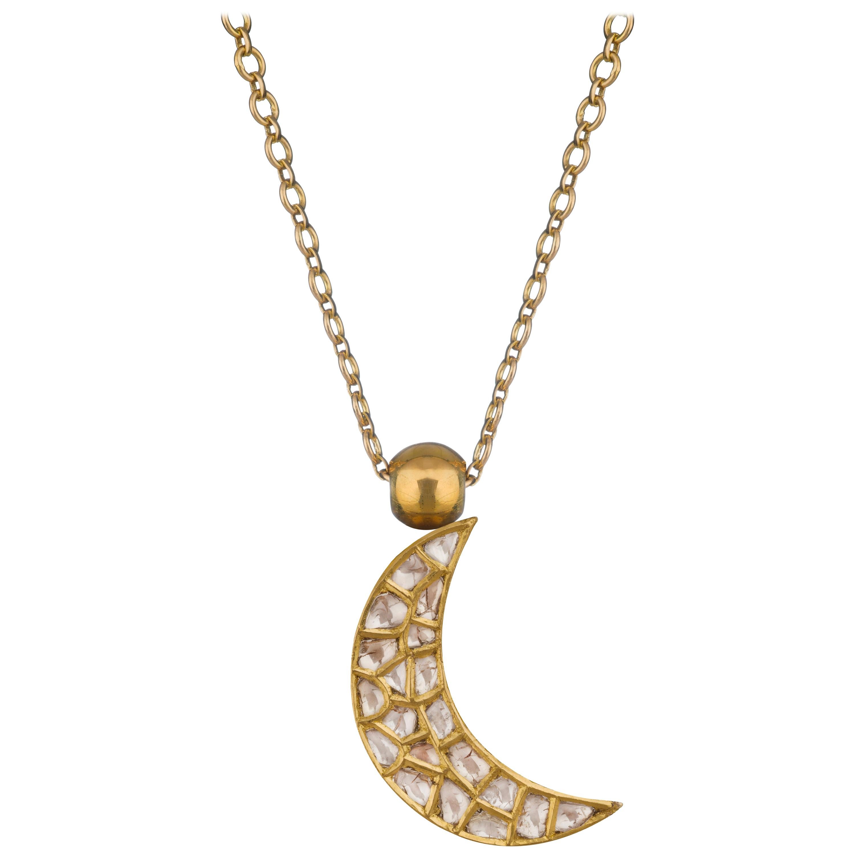 OUROBOROS Diamond and Lapis Lazuli Crescent Moon Pendant 18 Karat Gold Necklace For Sale