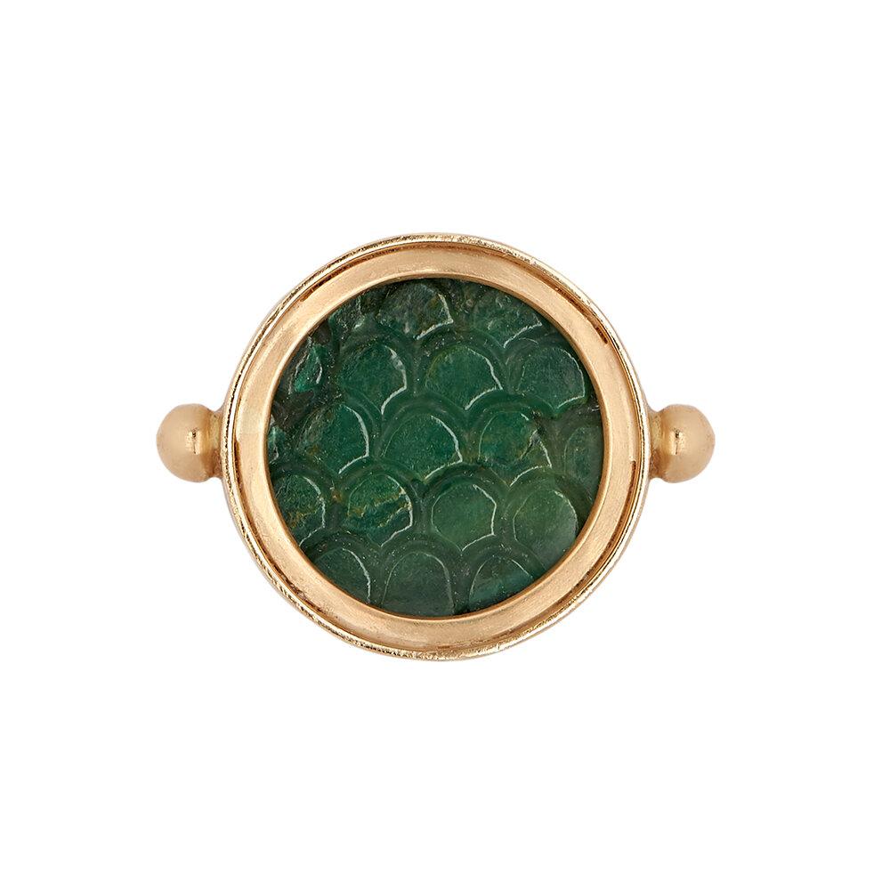 OUROBOROS' 'Boomslang,' `snakeskin carved green jasper set in 18kt gold ring.

OUROBOROS’ commitment to using only the most unique stones set in 18 or 24 Karat gold, is matched only to Olivia’s commitment to the conditions and treatment of her